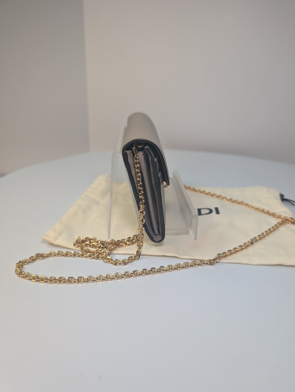 Fendi Light Taupe Continental Grained Leather Wallet on Chain (WOC)