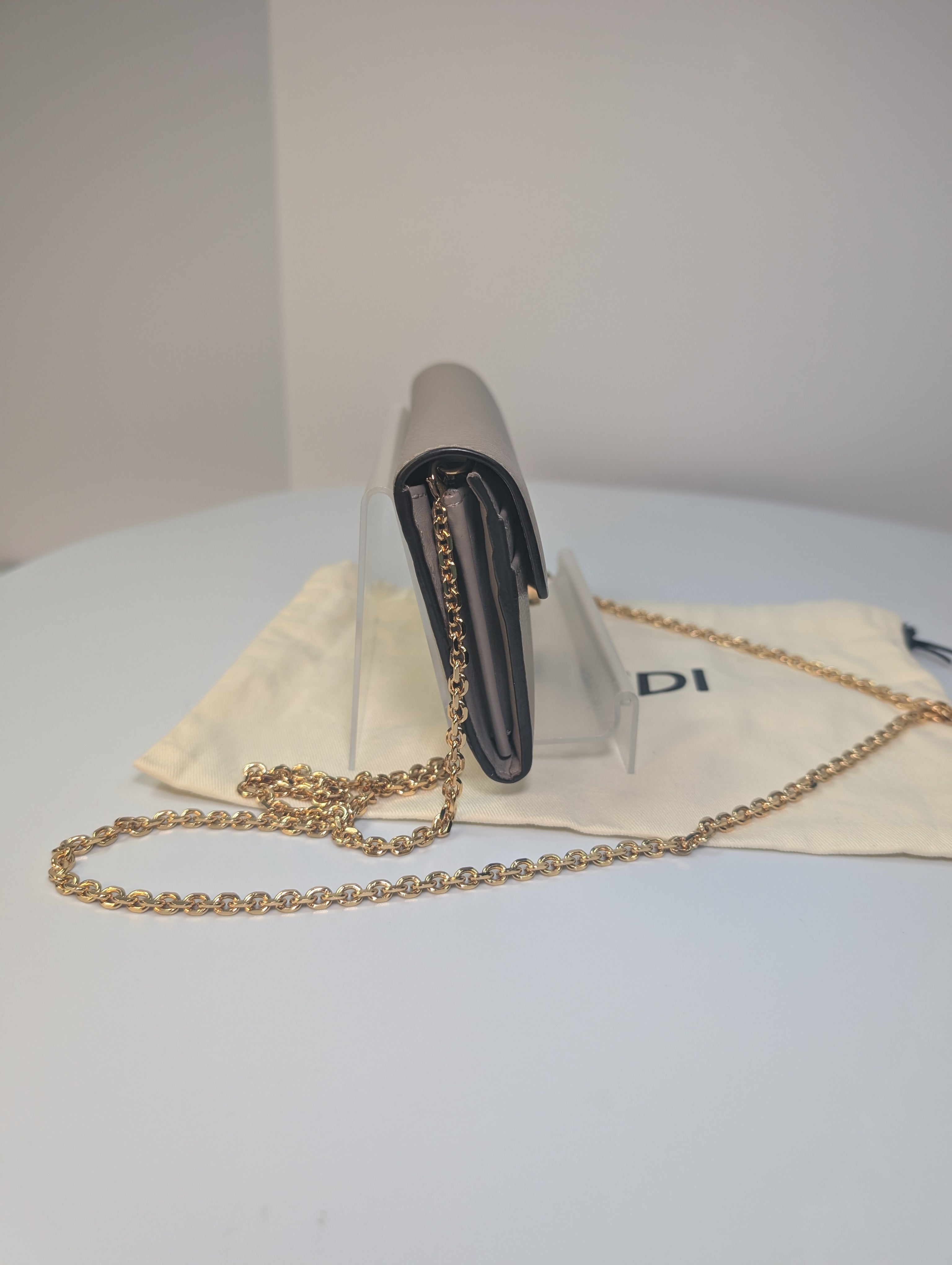 Fendi Light Taupe Continental Grained Leather Wallet on Chain (WOC)