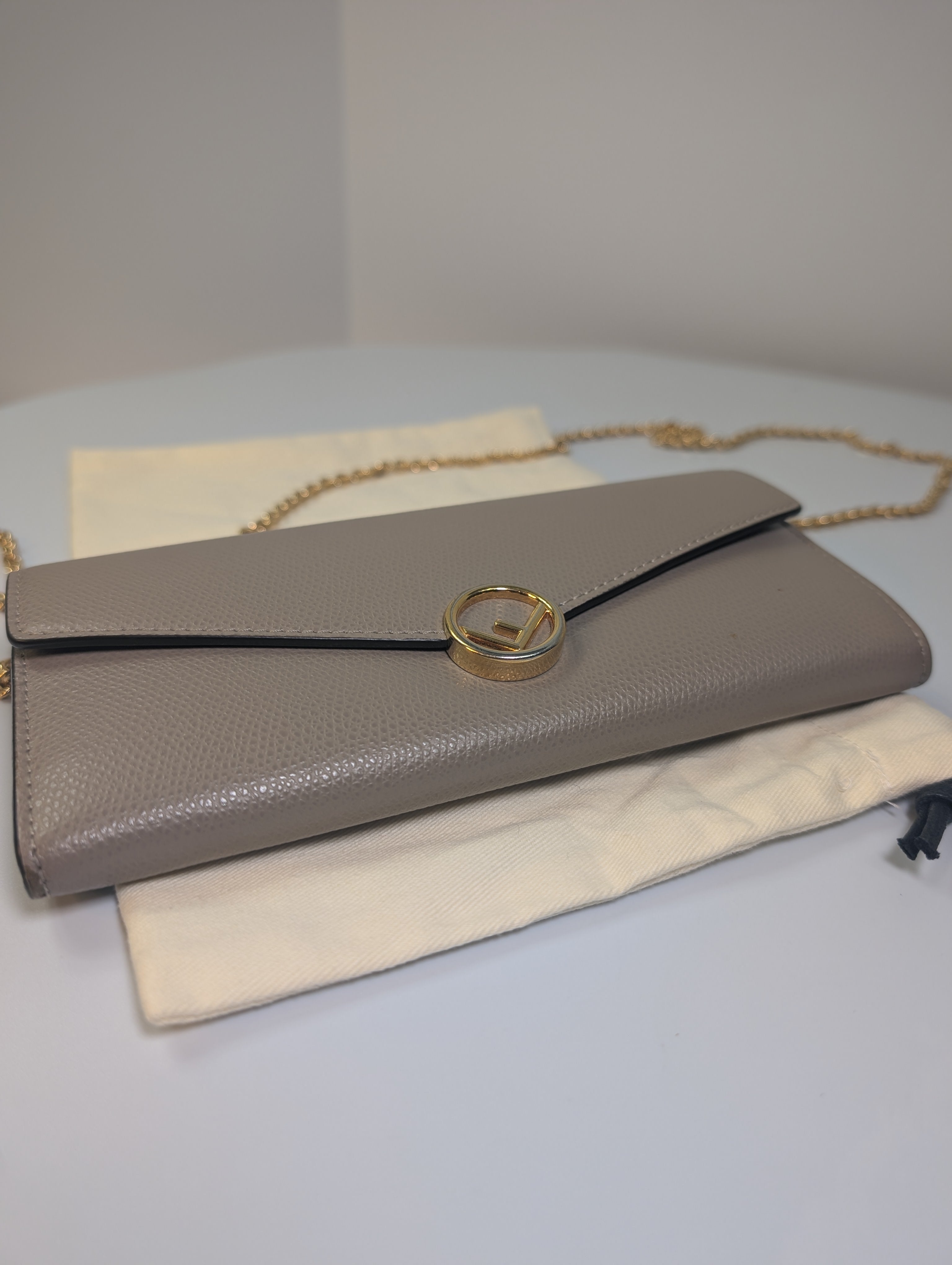 Fendi Light Taupe Continental Grained Leather Wallet on Chain (WOC)
