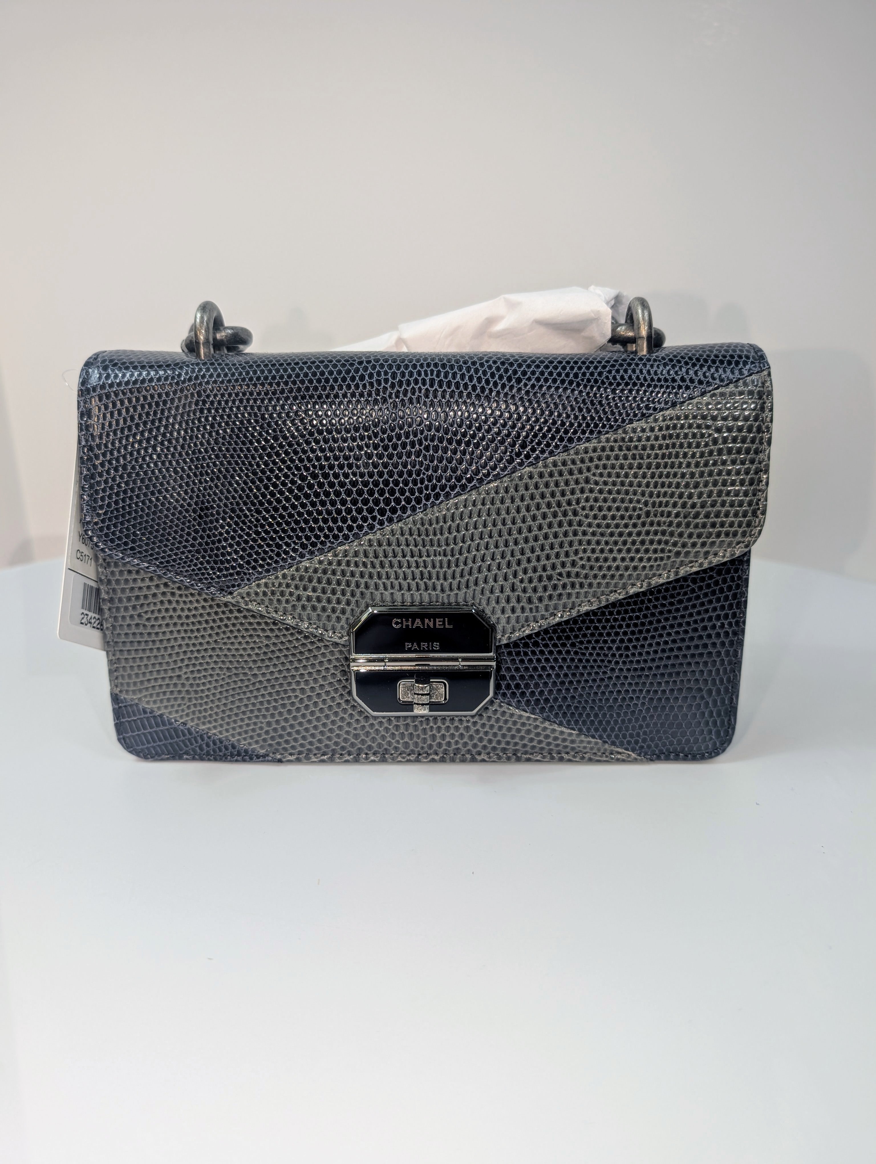 Chanel Blue and Grey Patchwork Lizard Skin Box Bag