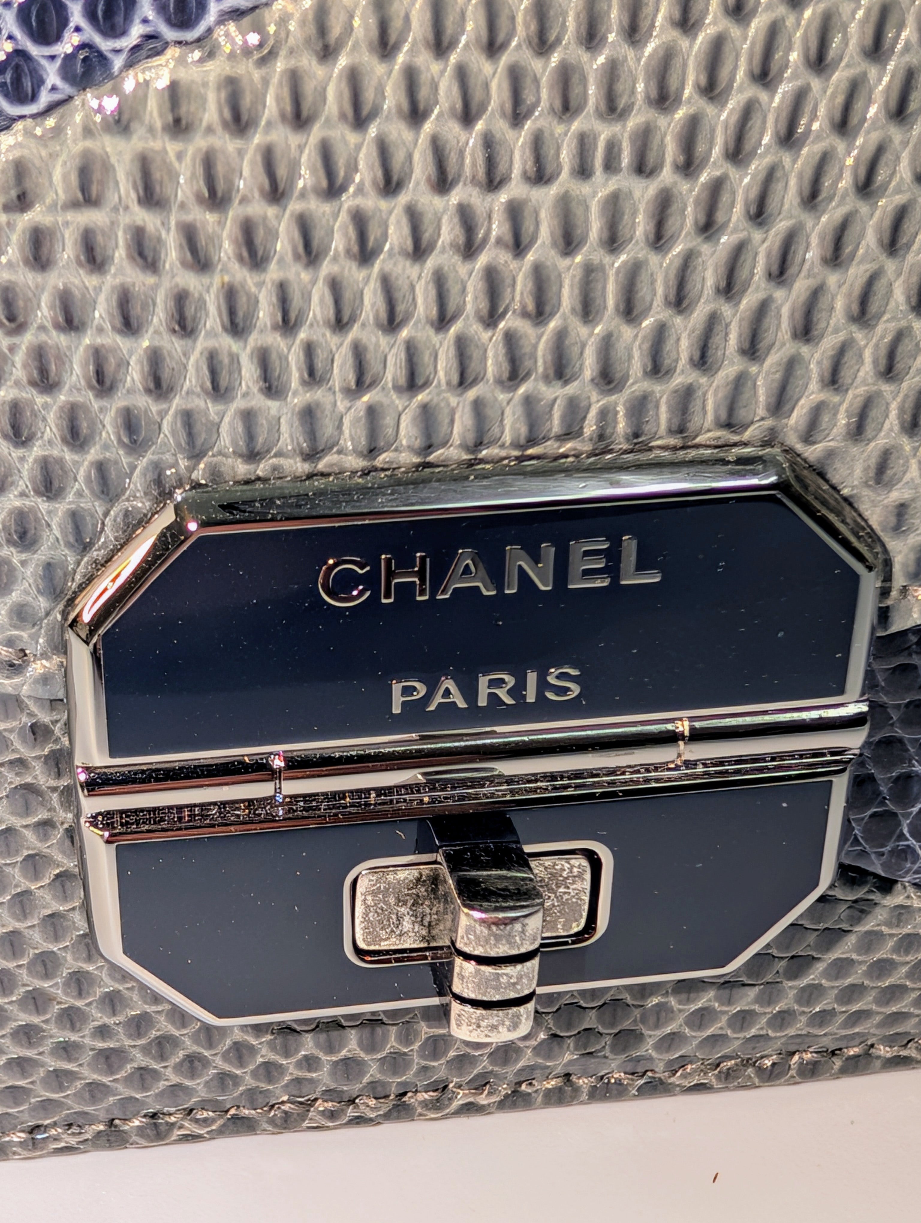 Chanel Blue and Grey Patchwork Lizard Skin Box Bag