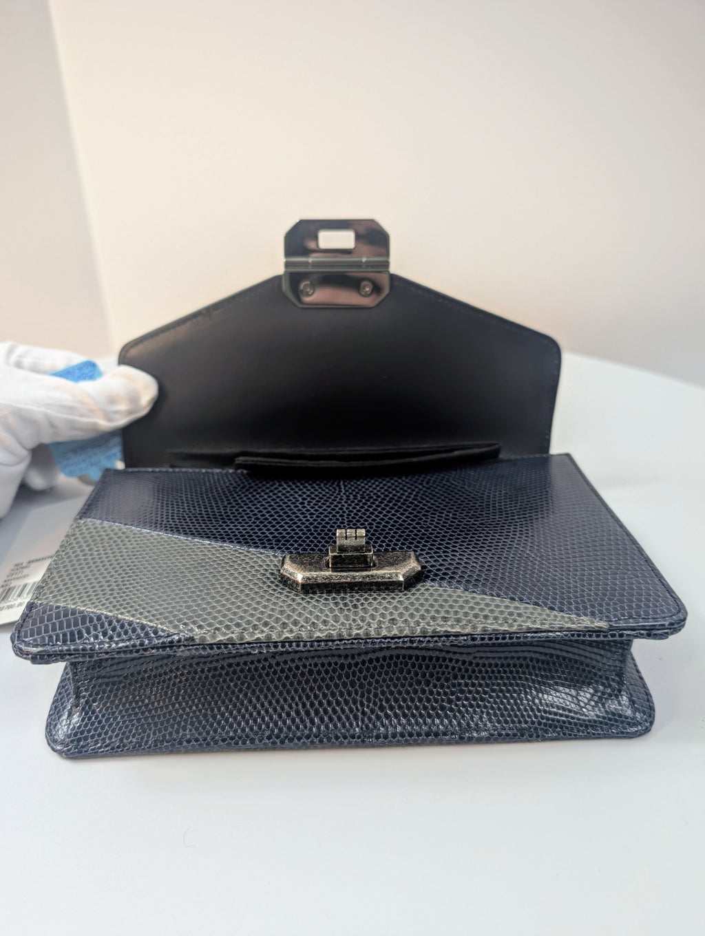 Chanel Blue and Grey Patchwork Lizard Skin Box Bag