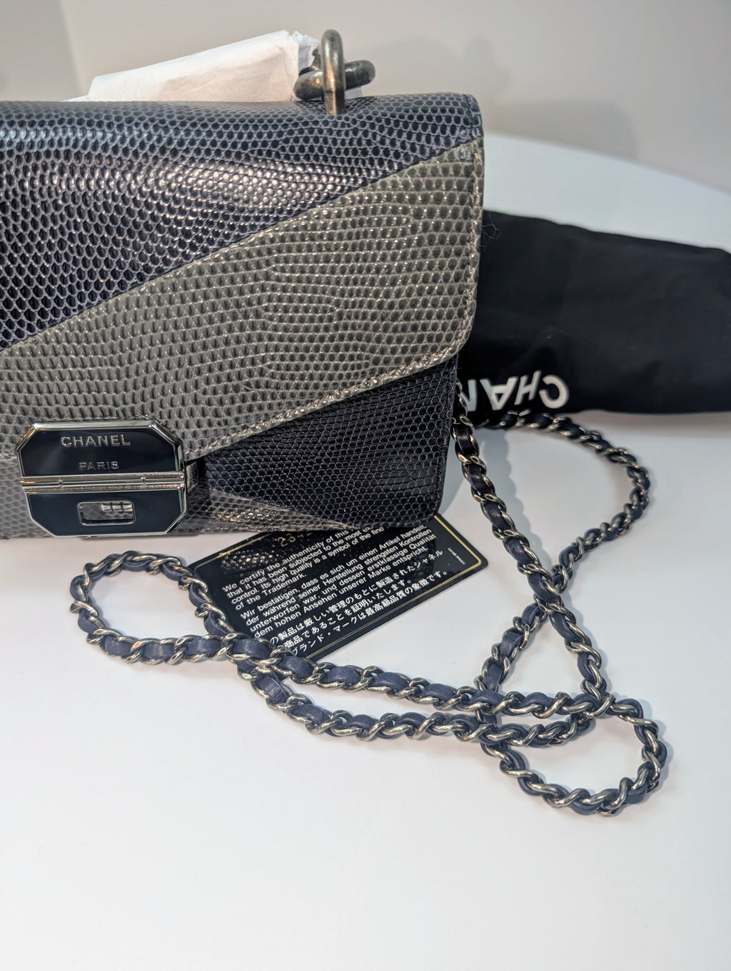 Chanel Blue and Grey Patchwork Lizard Skin Box Bag