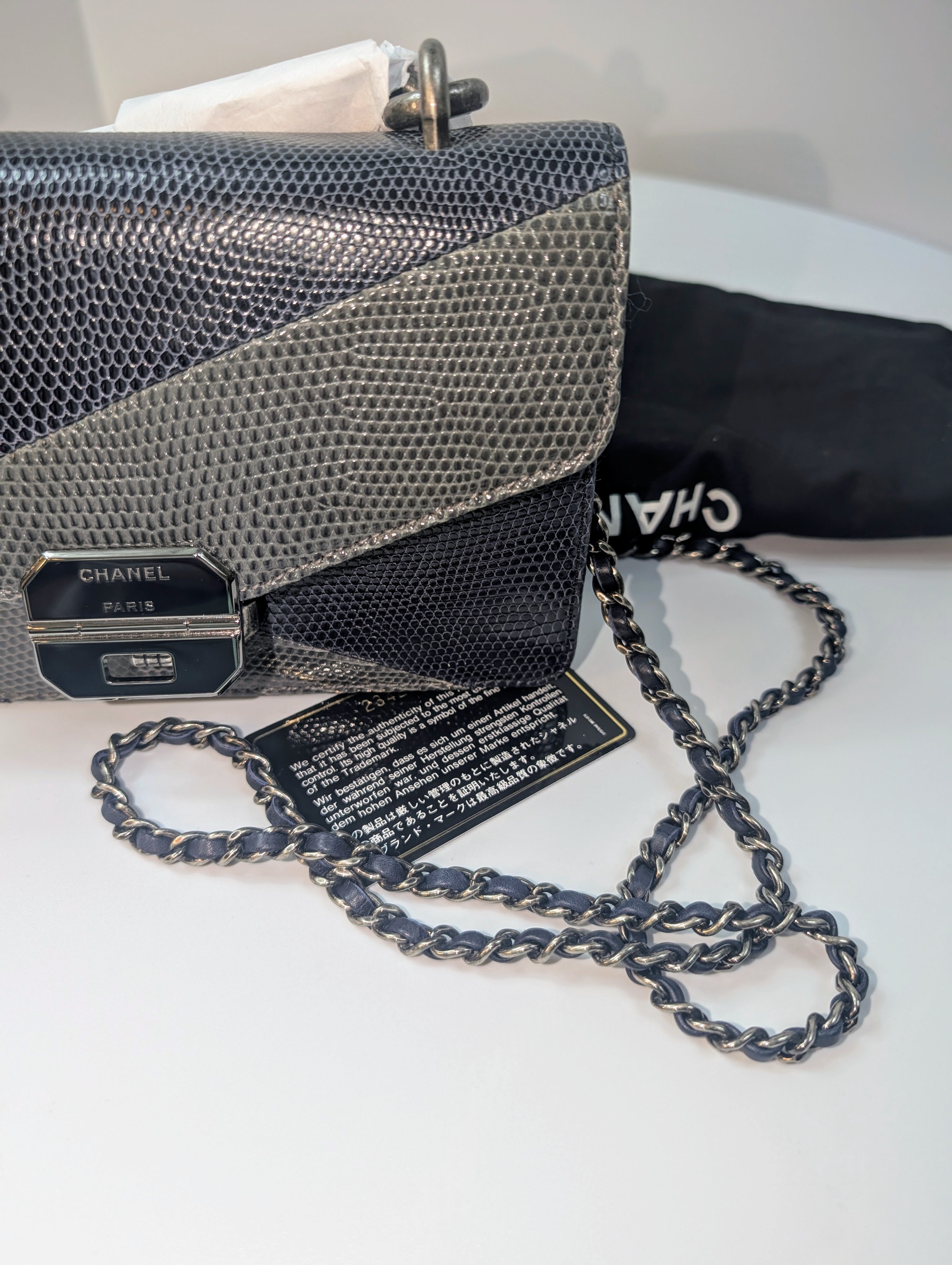 Chanel Blue and Grey Patchwork Lizard Skin Box Bag