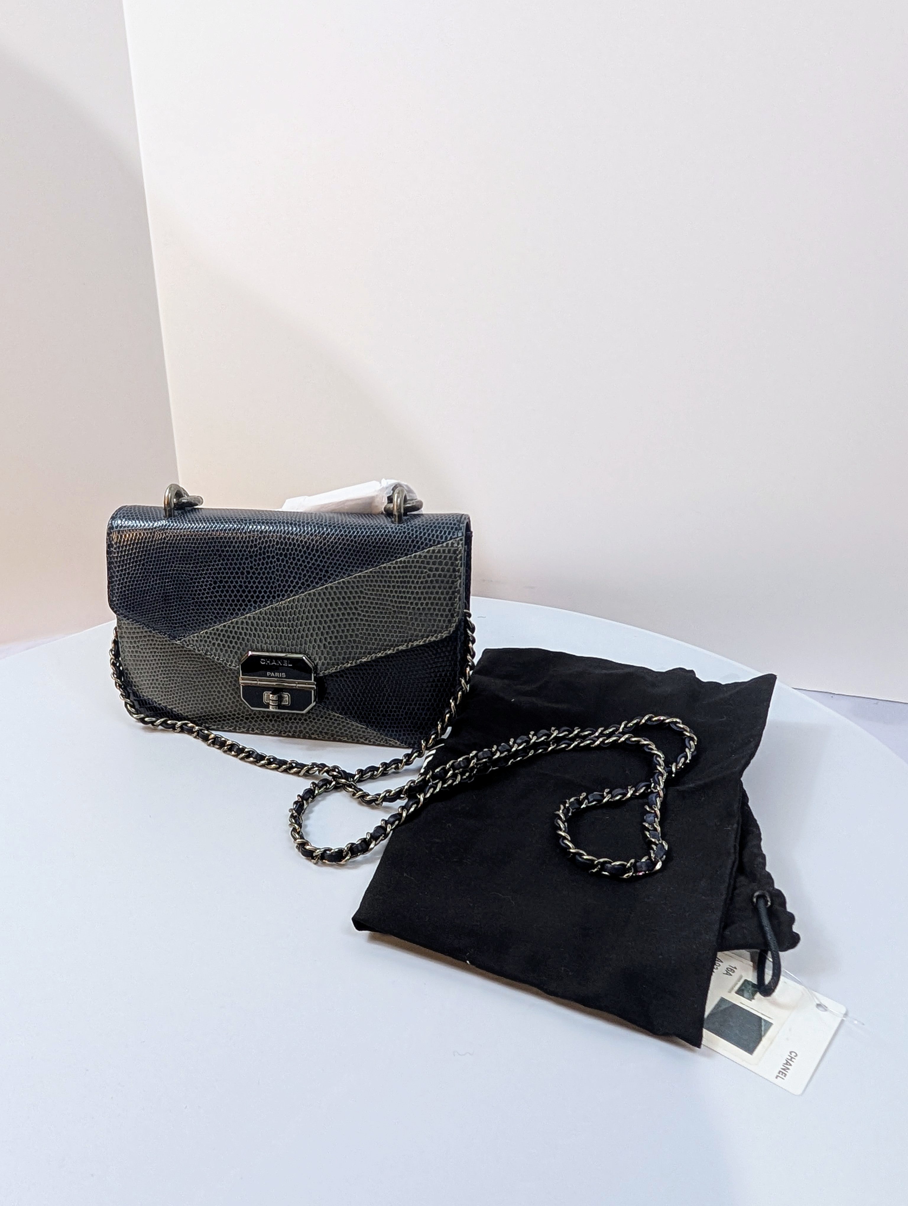 Chanel Blue and Grey Patchwork Lizard Skin Box Bag