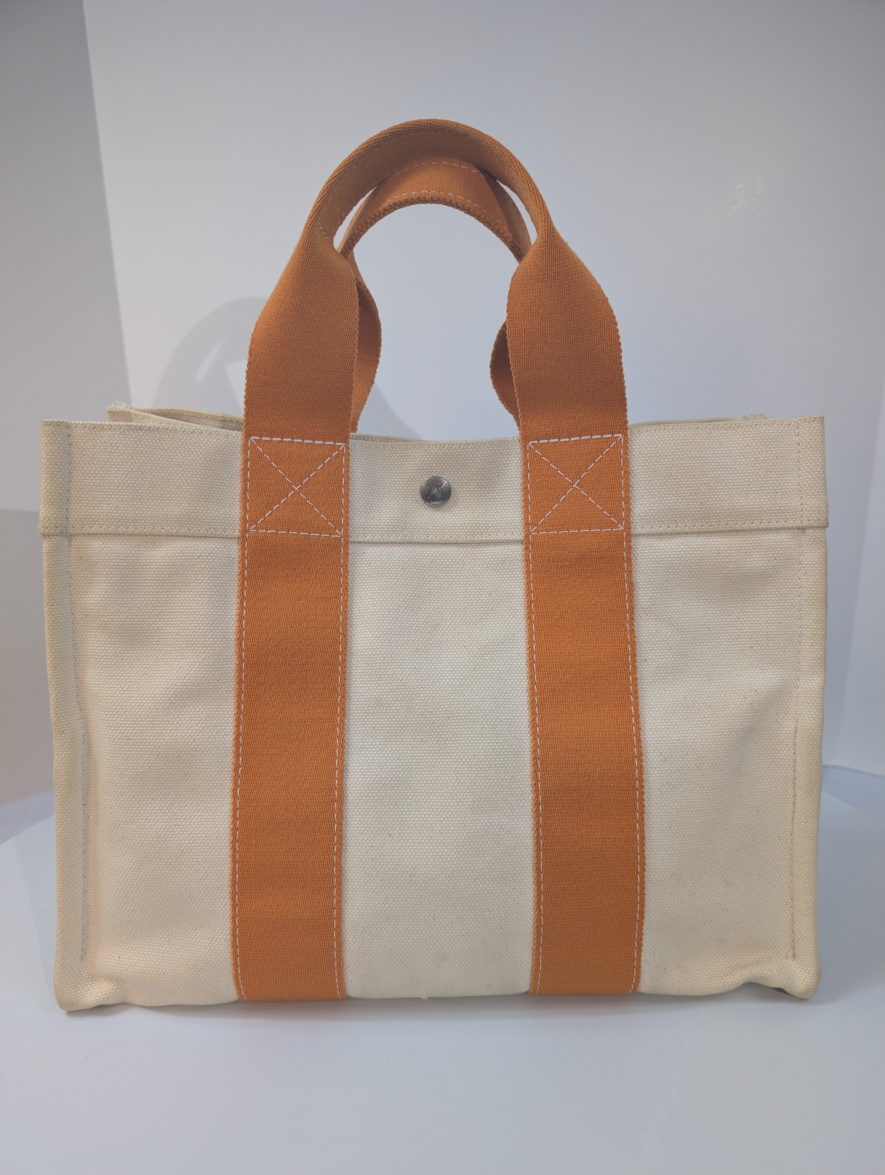 Hermes Beige Canvas with Orange Fabric Straps Garden Party Tote Bag