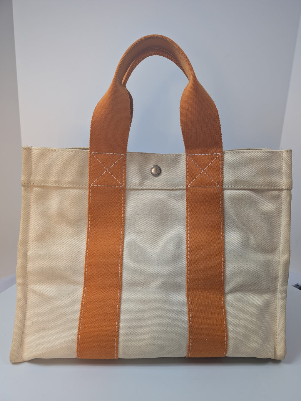 Hermes Beige Canvas with Orange Fabric Straps Garden Party Tote Bag