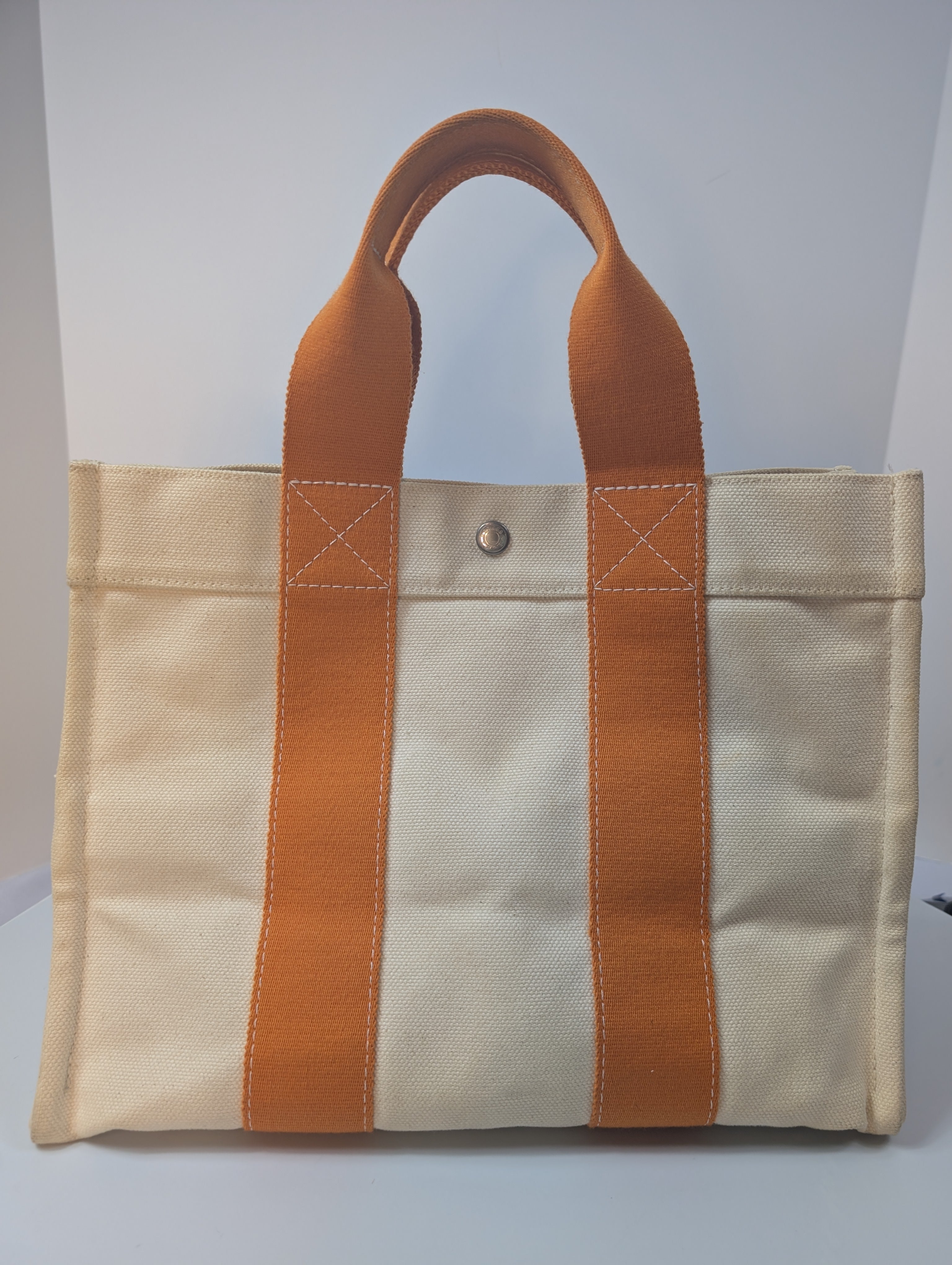 Hermes Beige Canvas with Orange Fabric Straps Garden Party Tote Bag