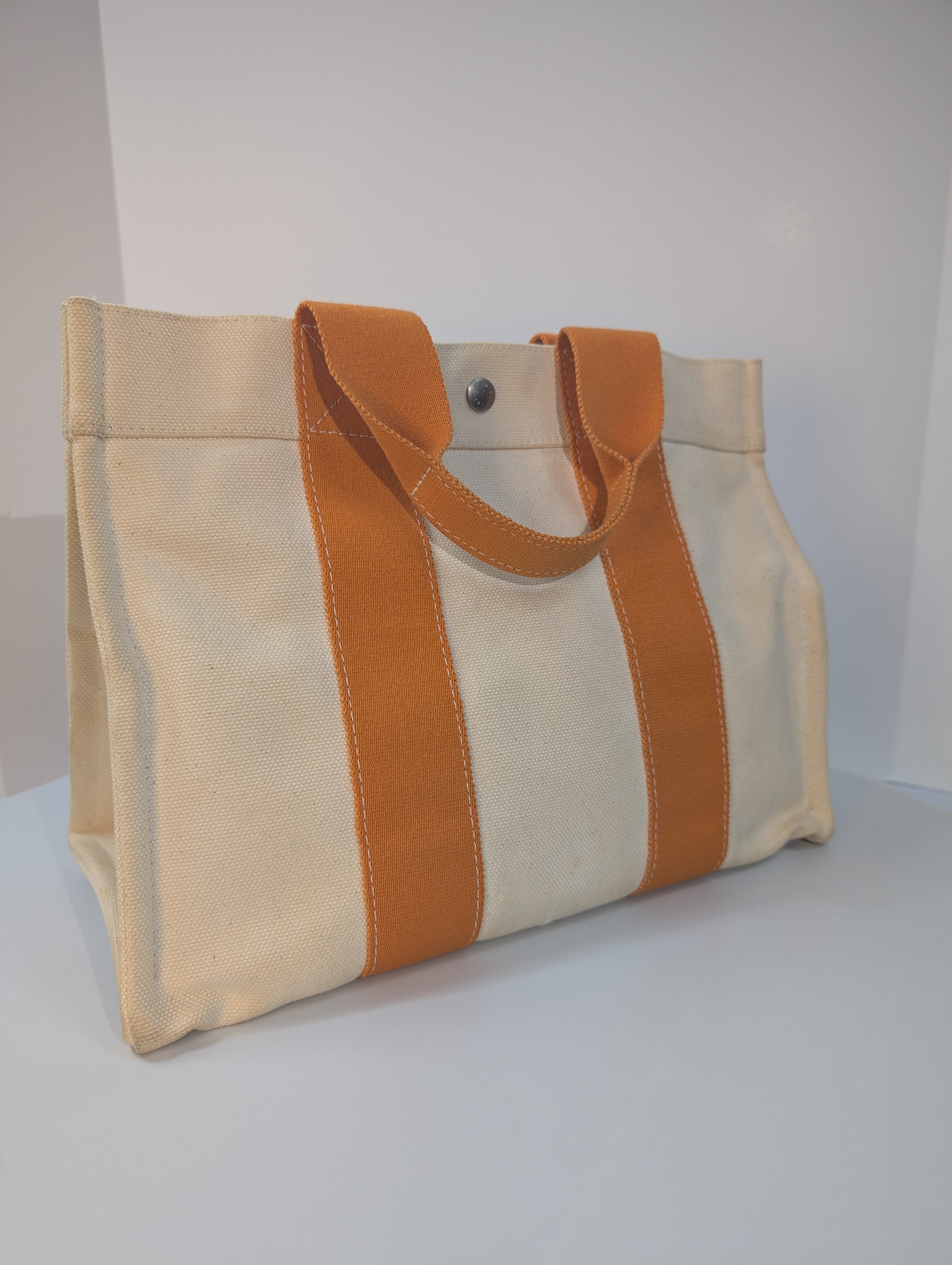 Hermes Beige Canvas with Orange Fabric Straps Garden Party Tote Bag