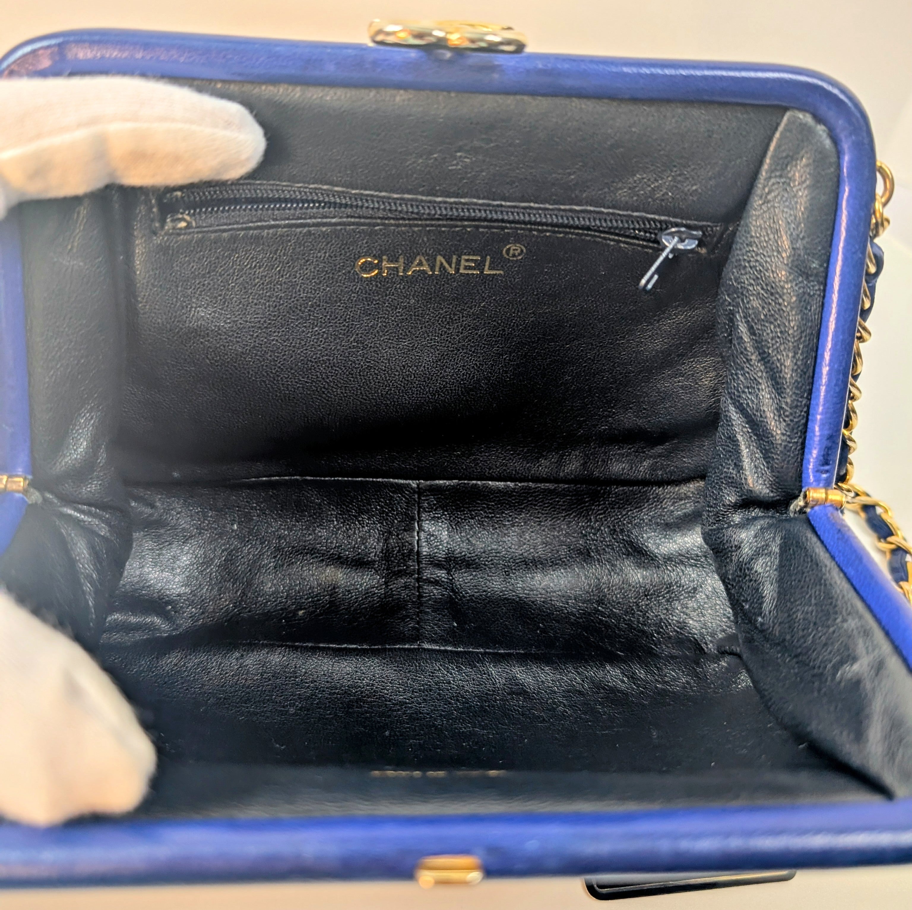 Chanel Vintage Blue Quilted Lambskin Kisslock Tassel Clutch
