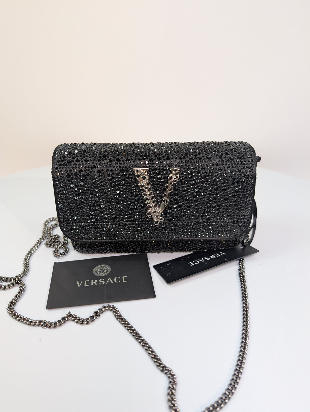Versace Virtus Crystal-Embellished Wallet on Chain in Black