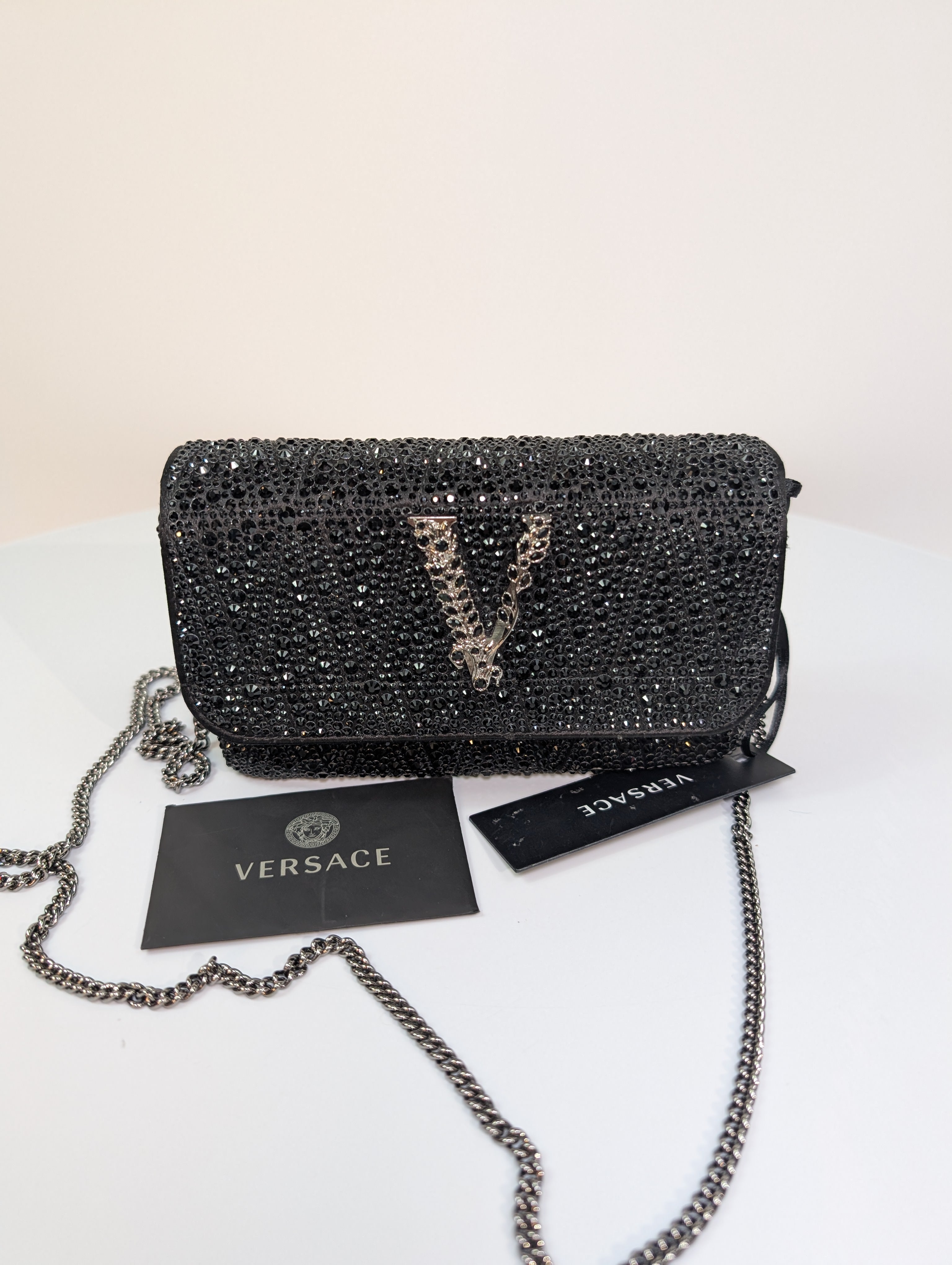 Versace Virtus Crystal-Embellished Wallet on Chain in Black