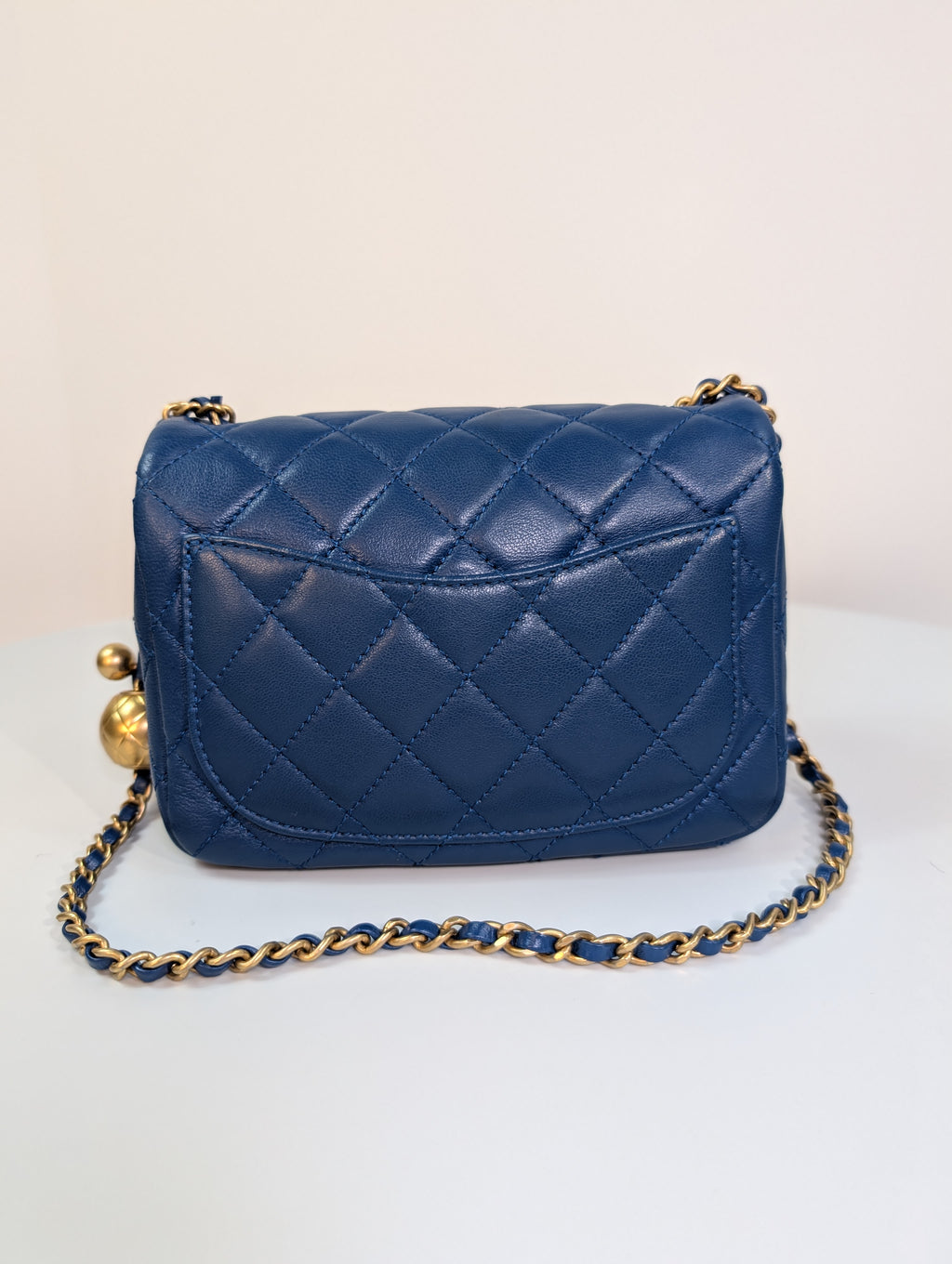 Chanel Blue Quilted Lambskin Round Charm Mini Flap Bag