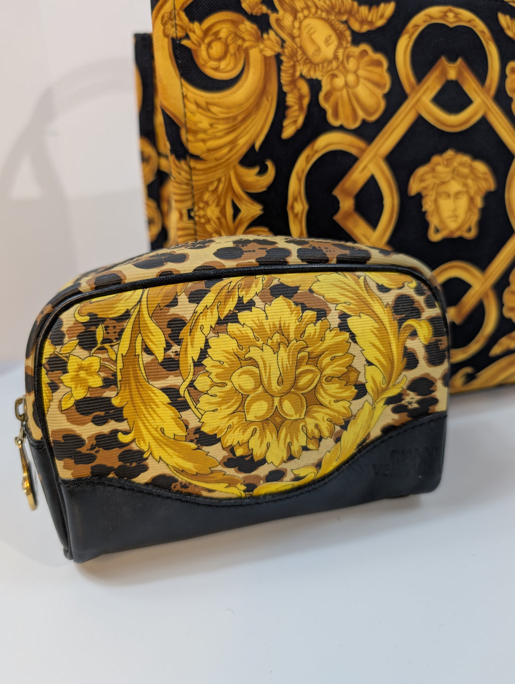 Versace Medusa Black Gold Canvas Small Tote Greca Shoulder Strap Bag