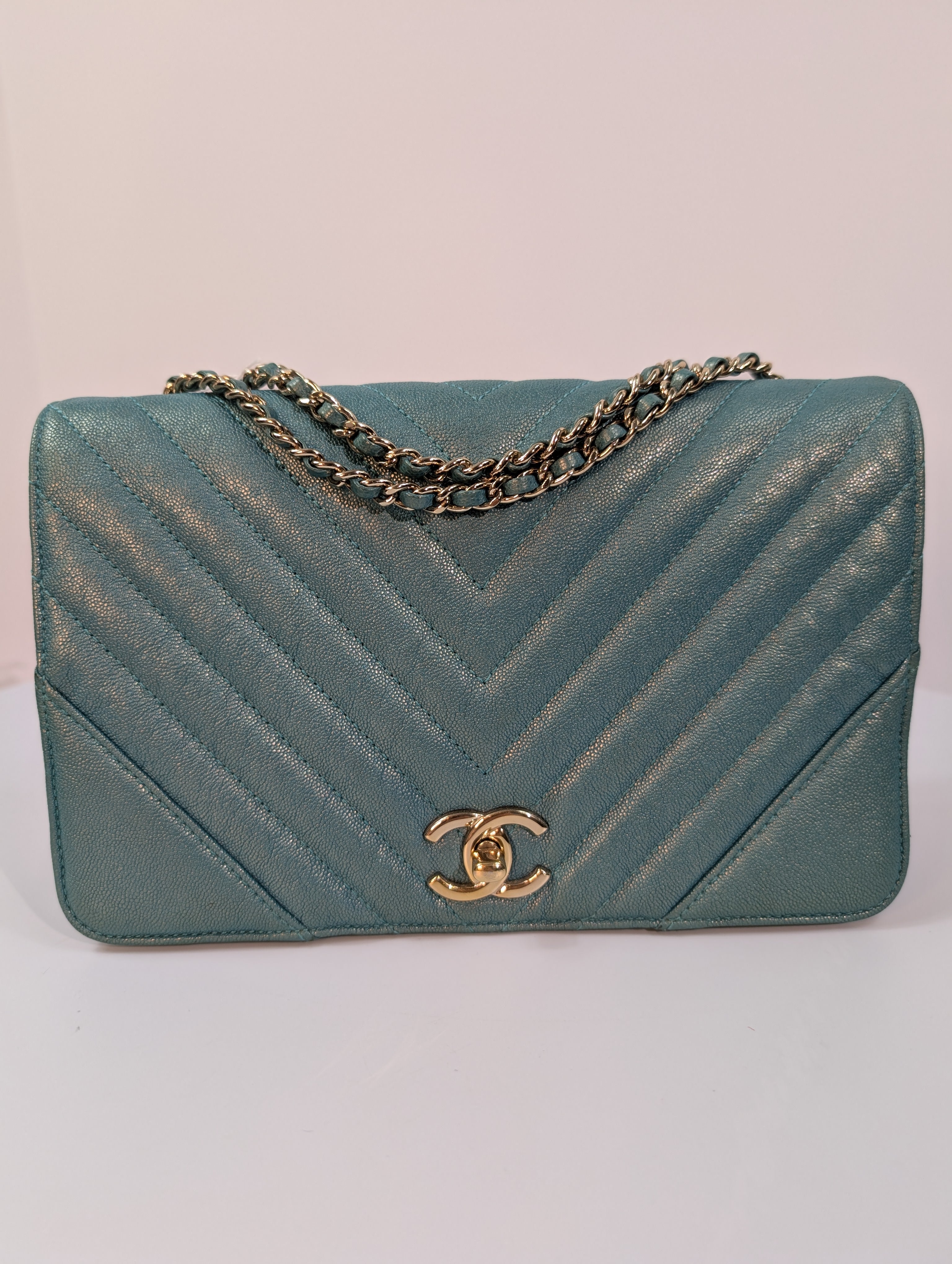 Chanel Rare Turquoise Luminescent Chevron Medium Quilted Classic Flap Bag