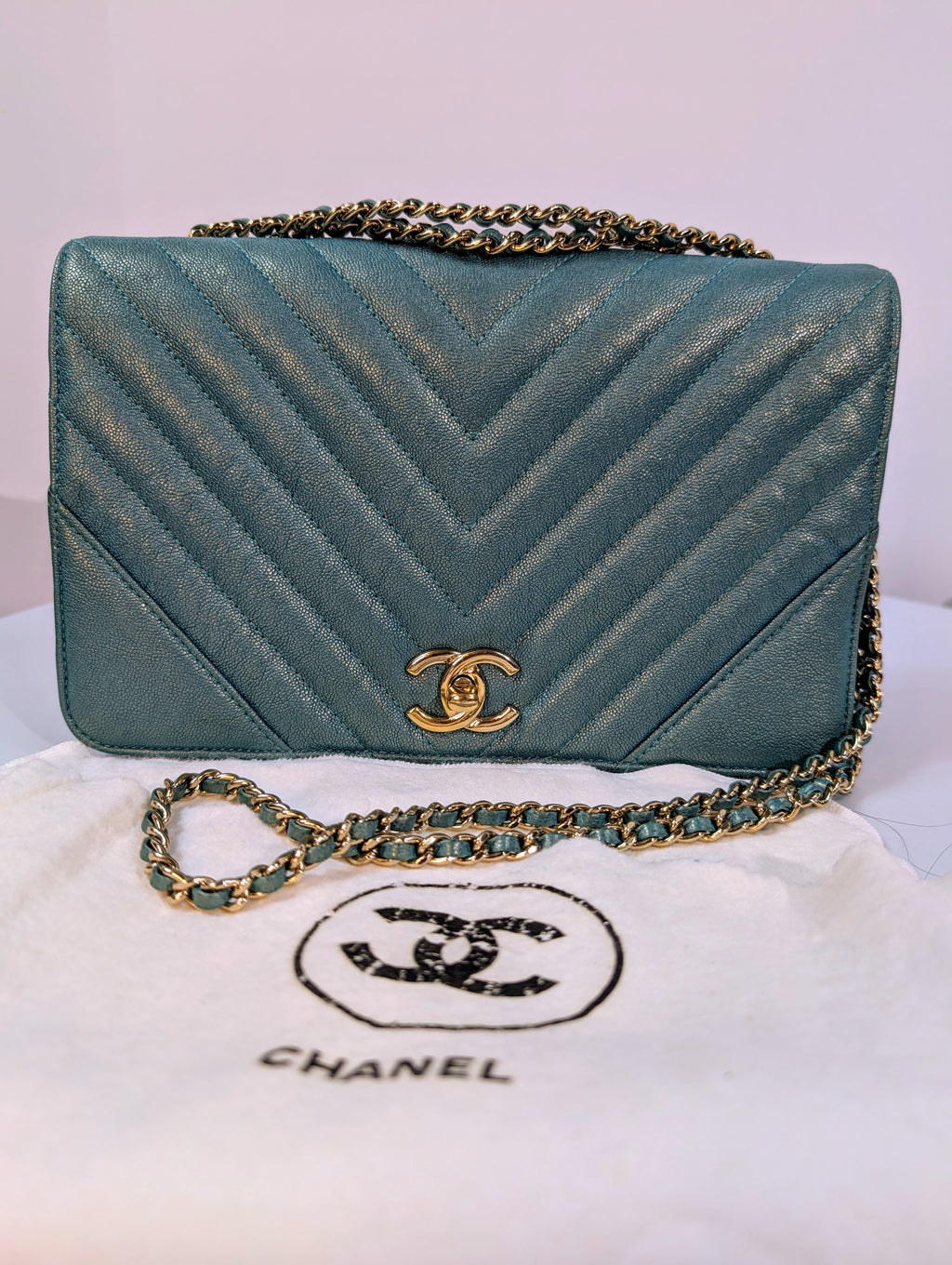 Chanel Rare Turquoise Luminescent Chevron Medium Quilted Classic Flap Bag