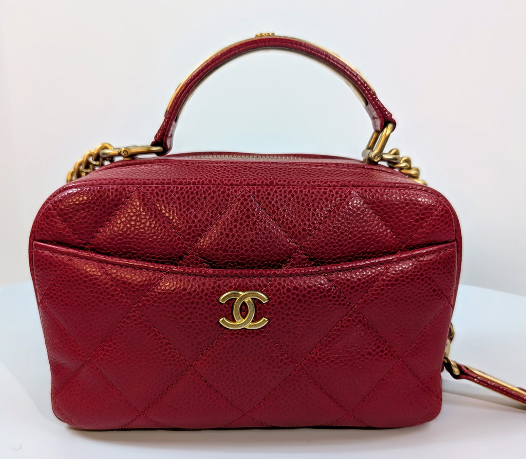 Chanel Red Caviar Small Double Zip Vanity Case with Top Handle