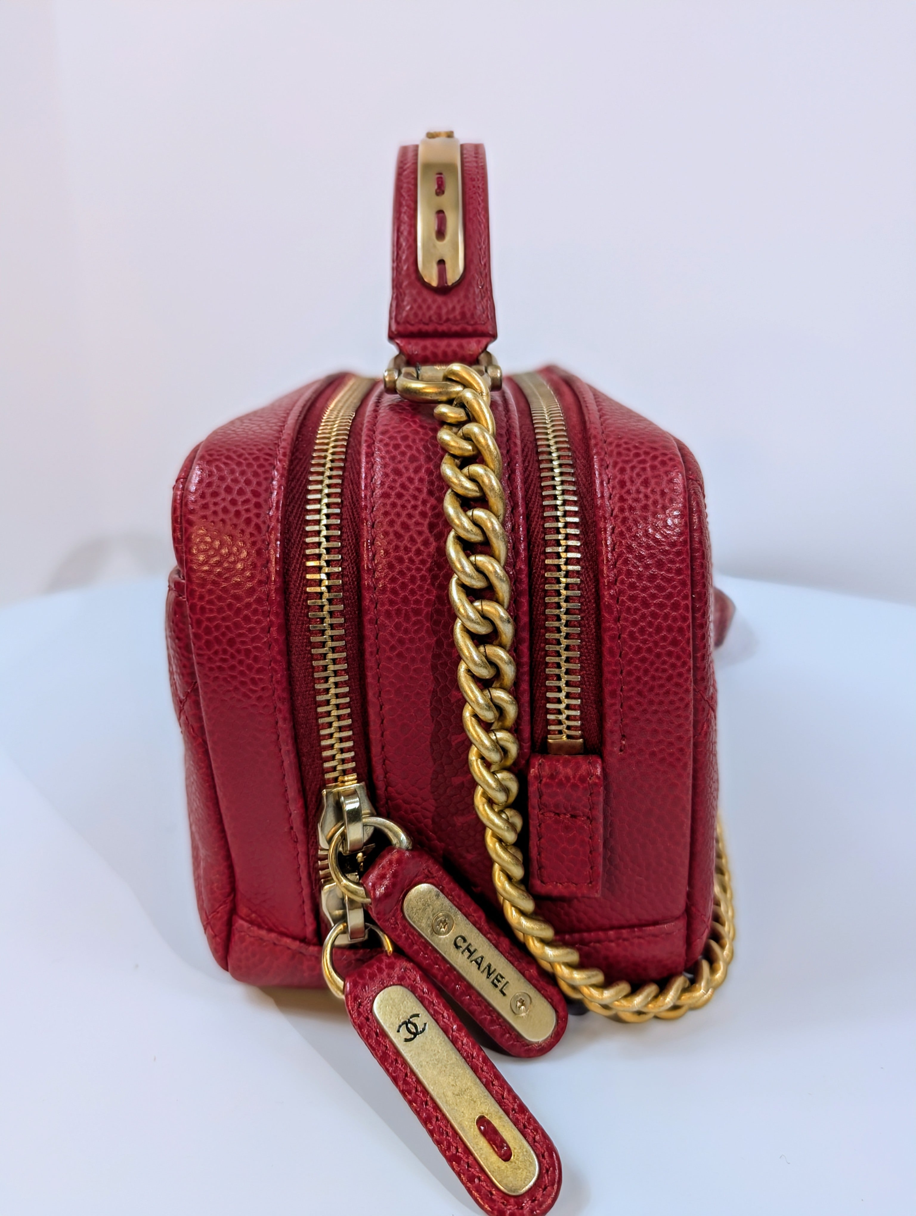 Chanel Red Caviar Small Double Zip Vanity Case with Top Handle