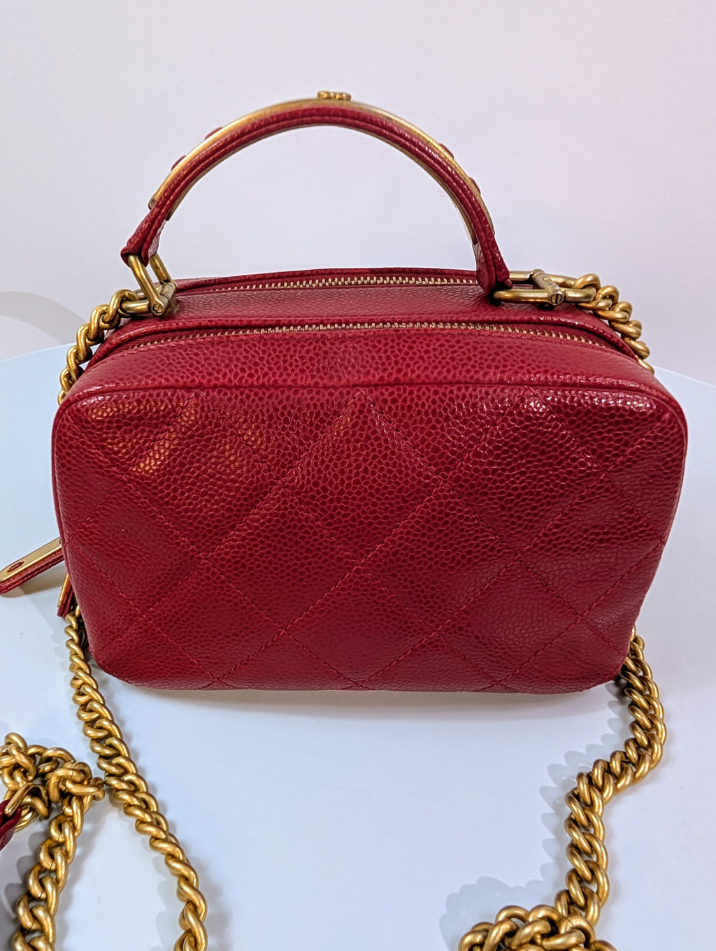 Chanel Red Caviar Small Double Zip Vanity Case with Top Handle