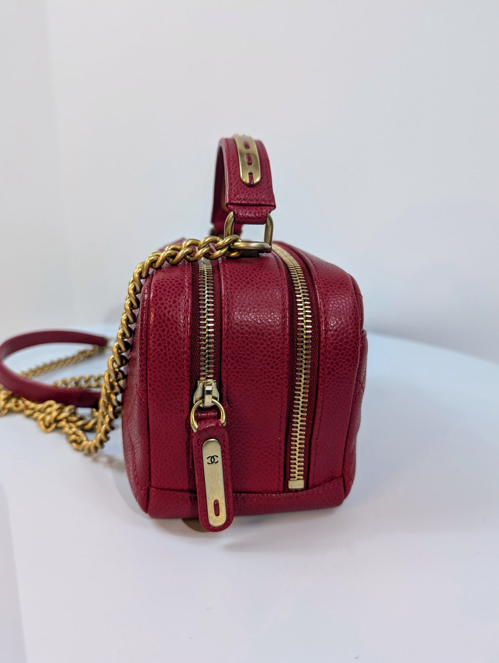 Chanel Red Caviar Small Double Zip Vanity Case with Top Handle