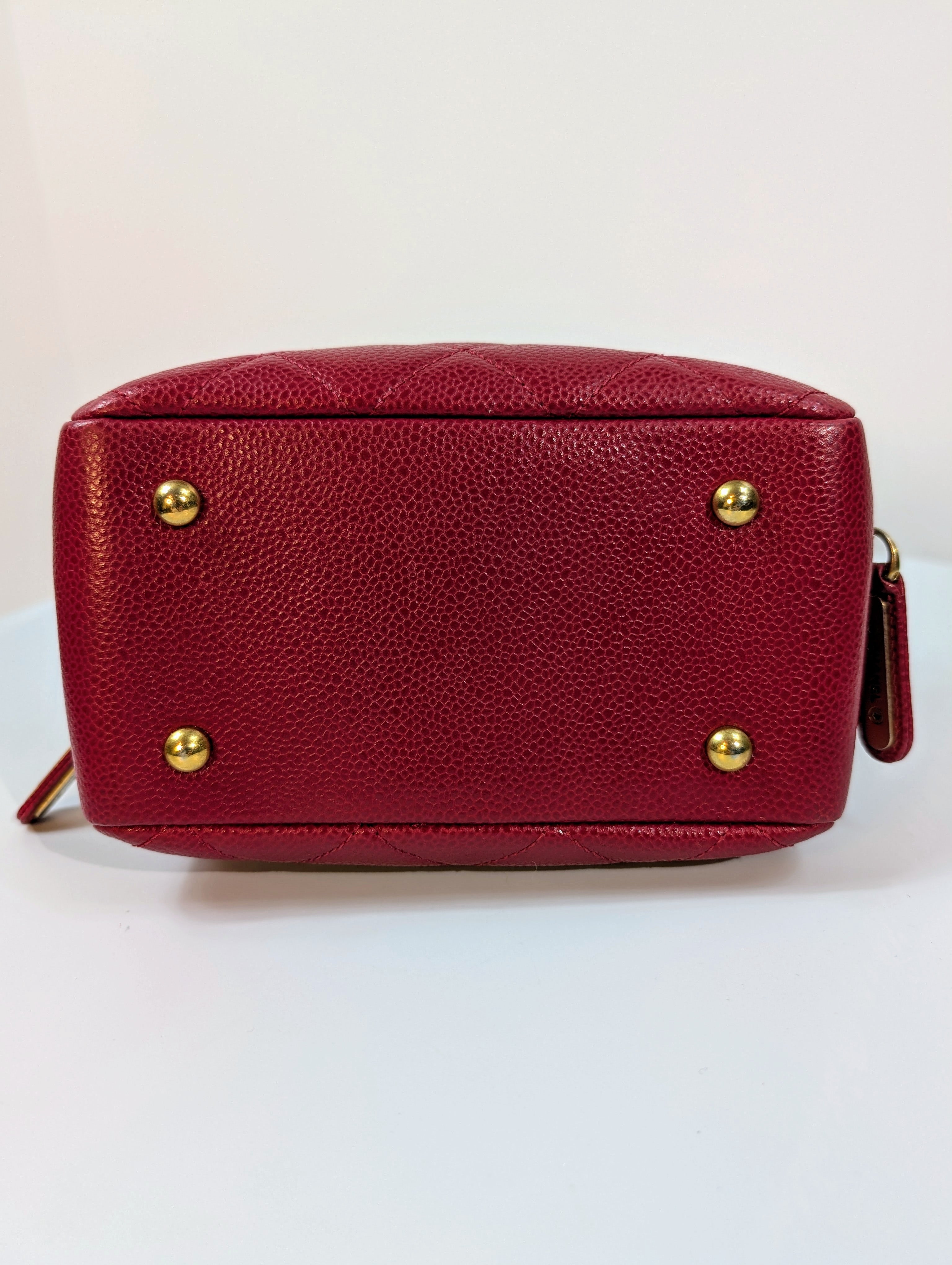 Chanel Red Caviar Small Double Zip Vanity Case with Top Handle