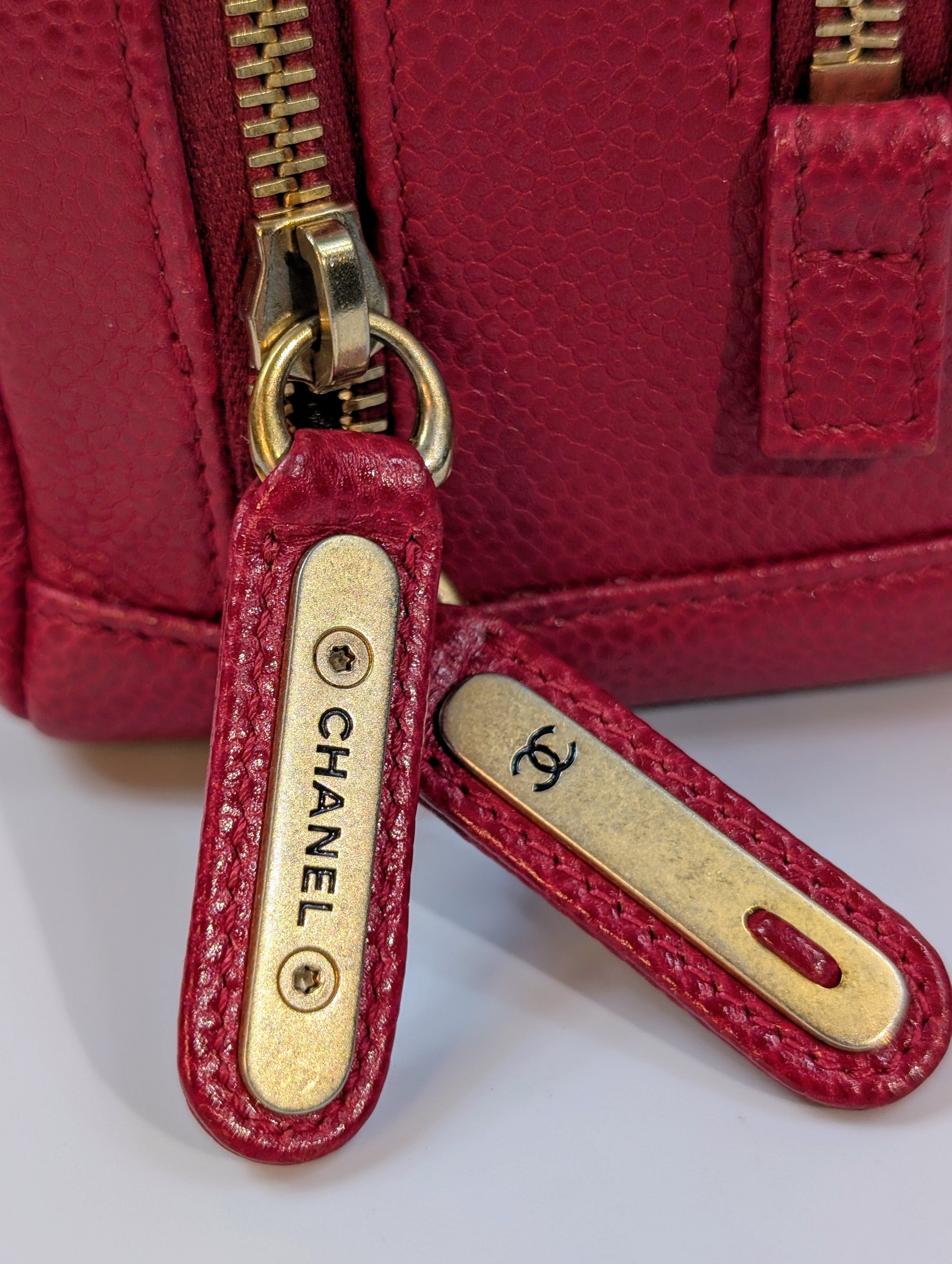 Chanel Red Caviar Small Double Zip Vanity Case with Top Handle
