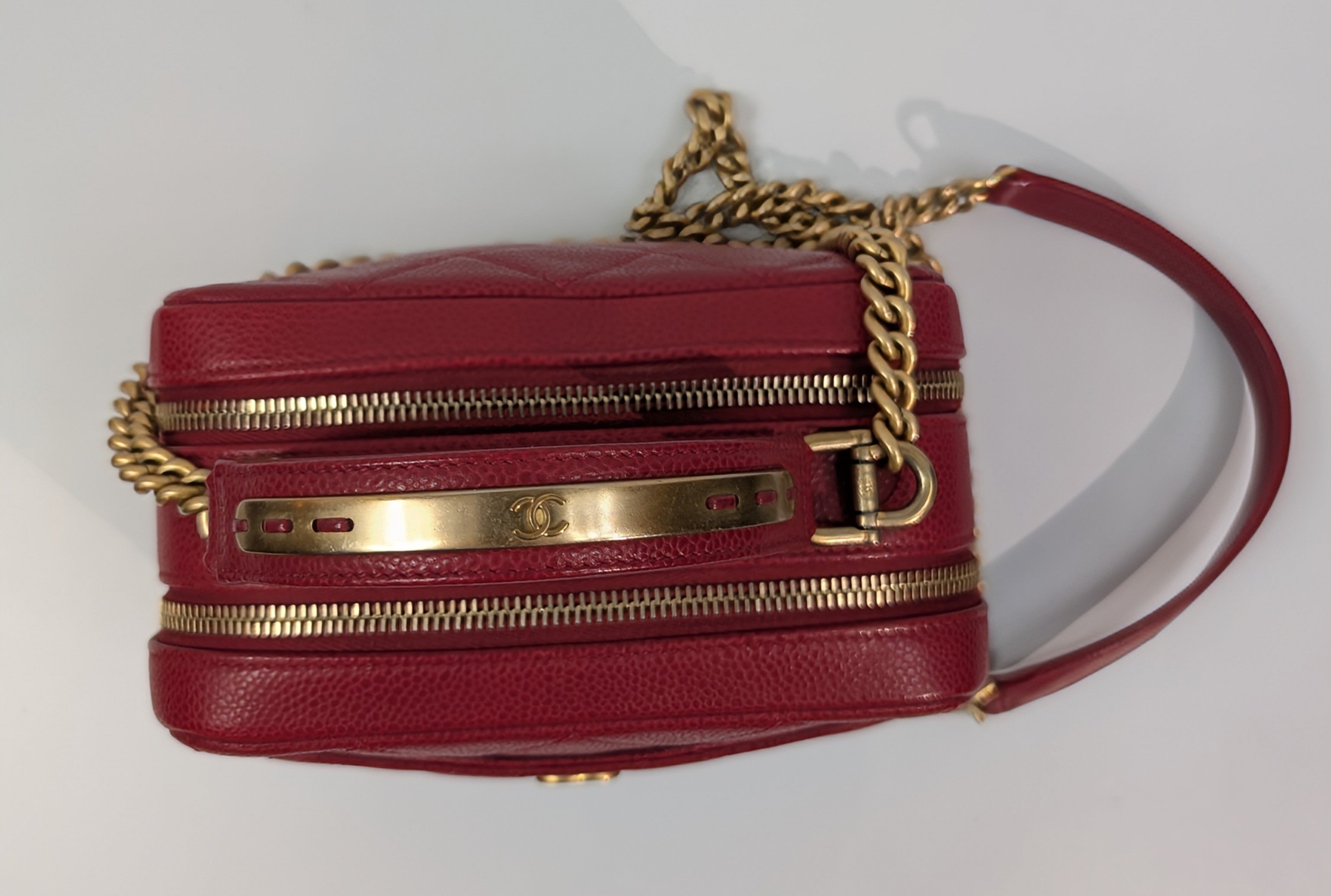 Chanel Red Caviar Small Double Zip Vanity Case with Top Handle