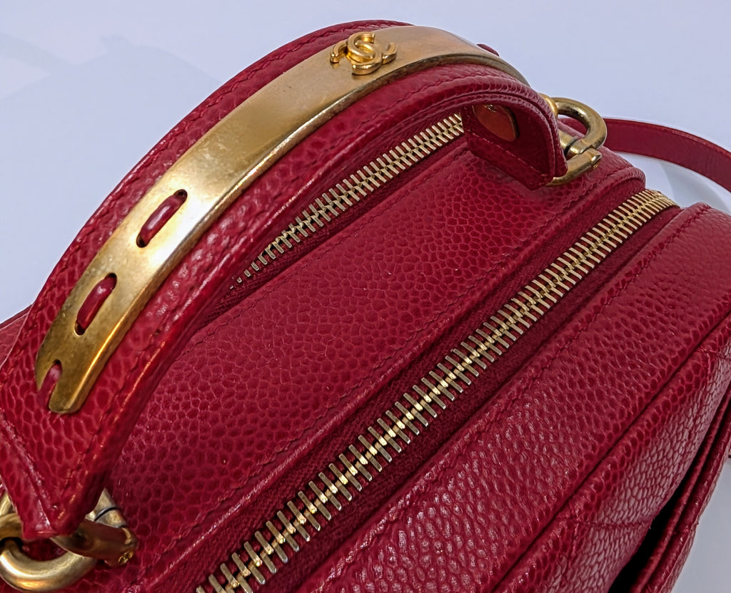 Chanel Red Caviar Small Double Zip Vanity Case with Top Handle
