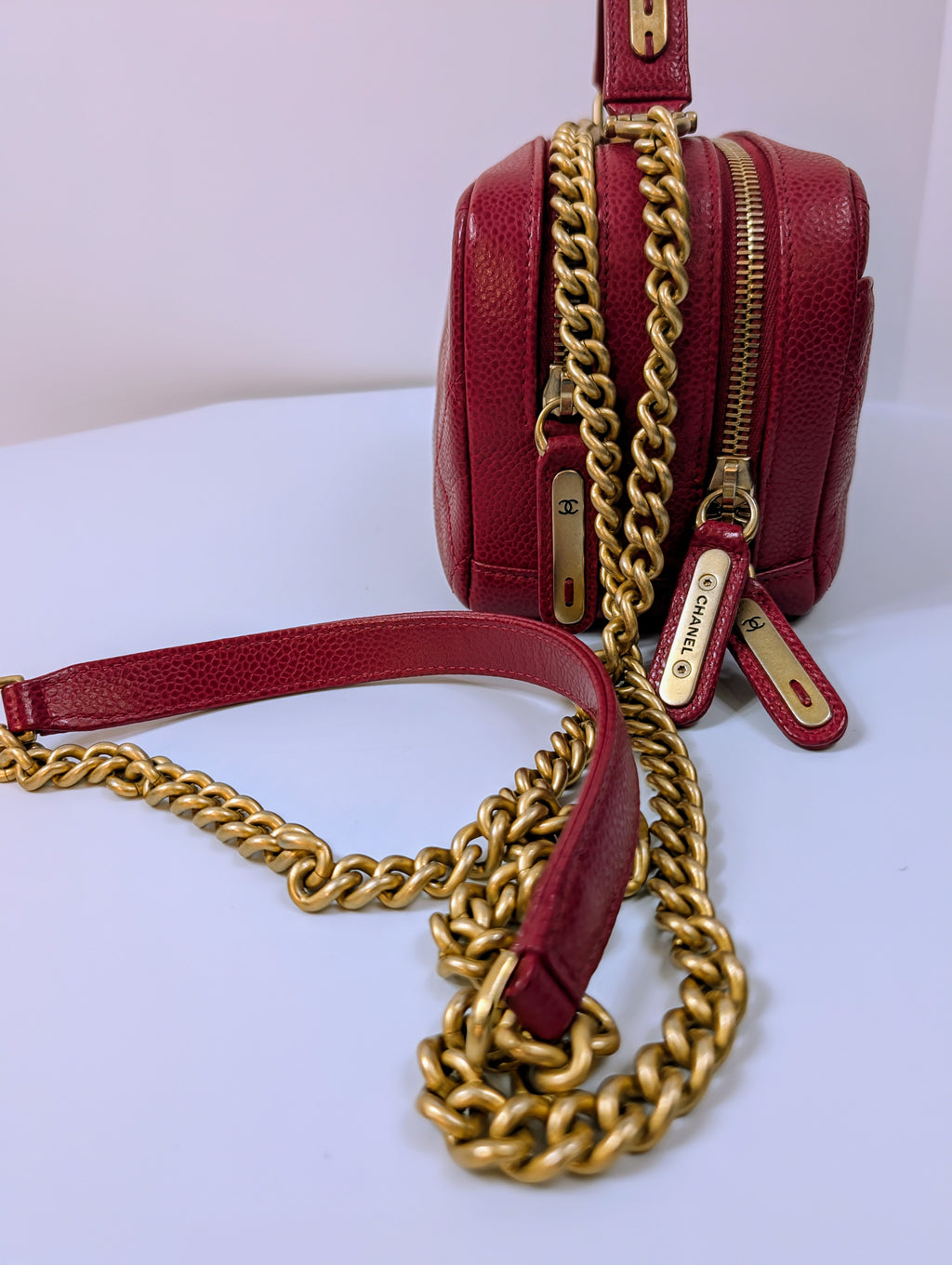 Chanel Red Caviar Small Double Zip Vanity Case with Top Handle