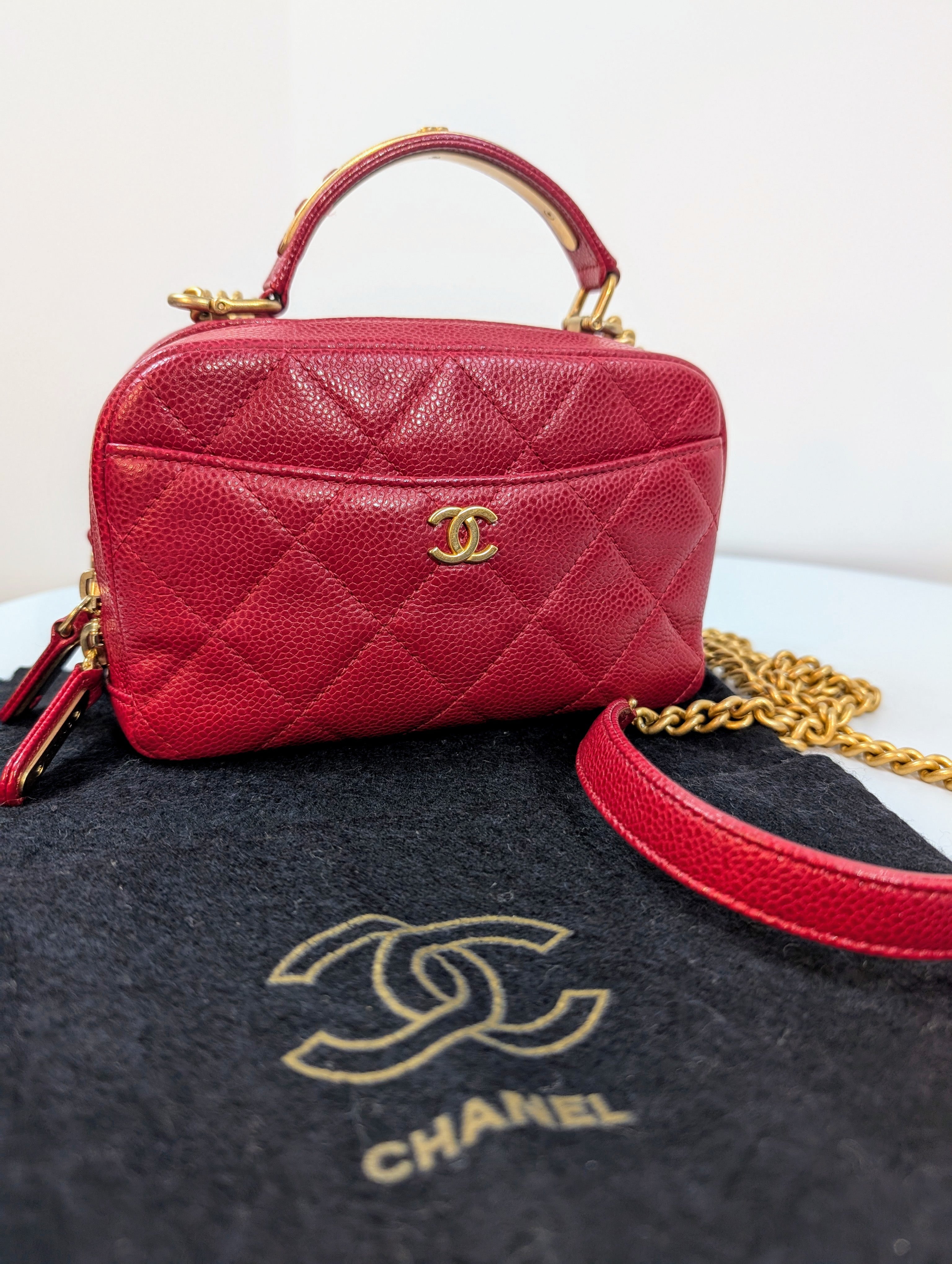 Chanel Red Caviar Small Double Zip Vanity Case with Top Handle