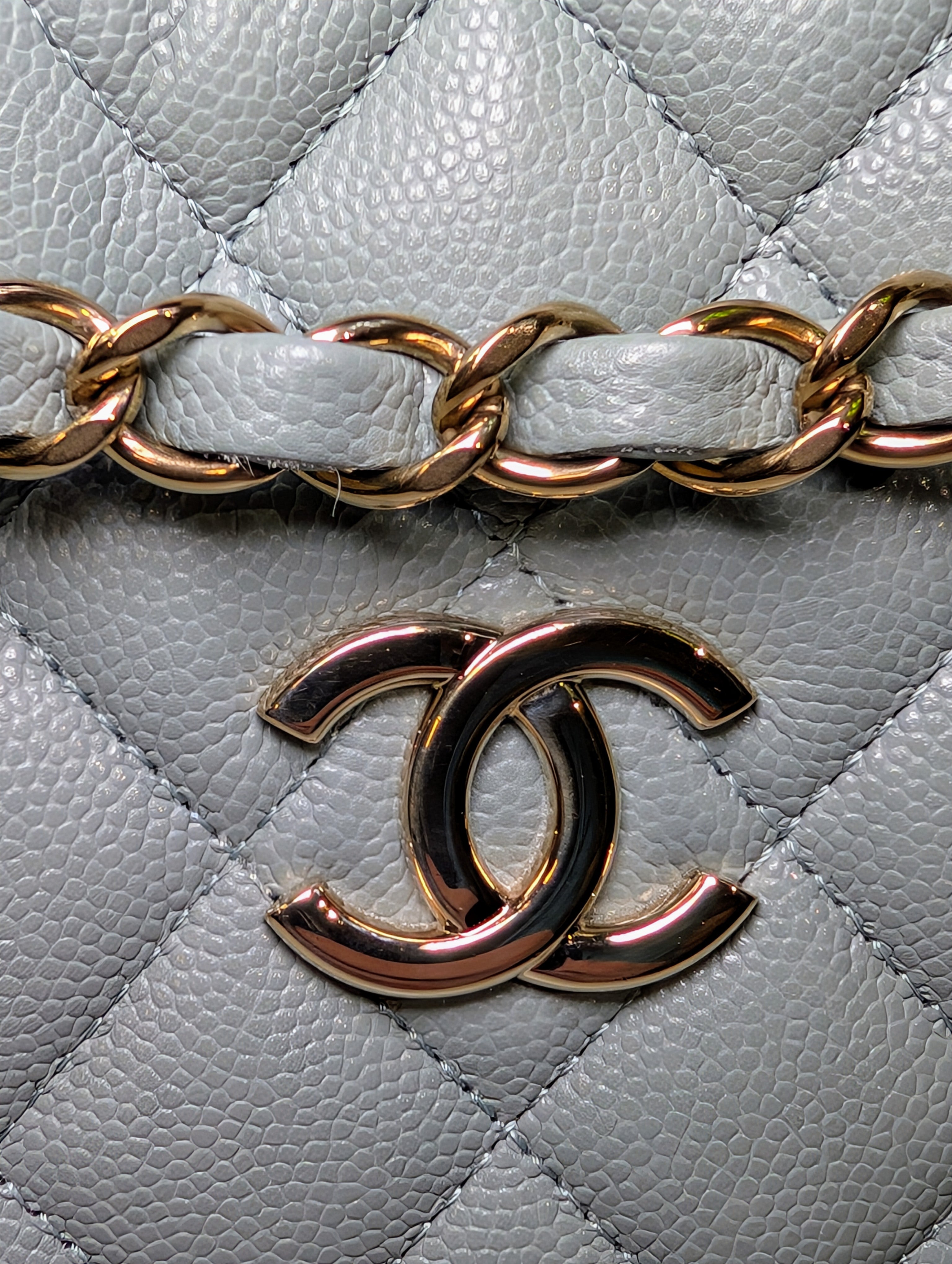 Chanel Rare Light Grey Quilted Caviar Leather Small Bucket Drawstring Bag