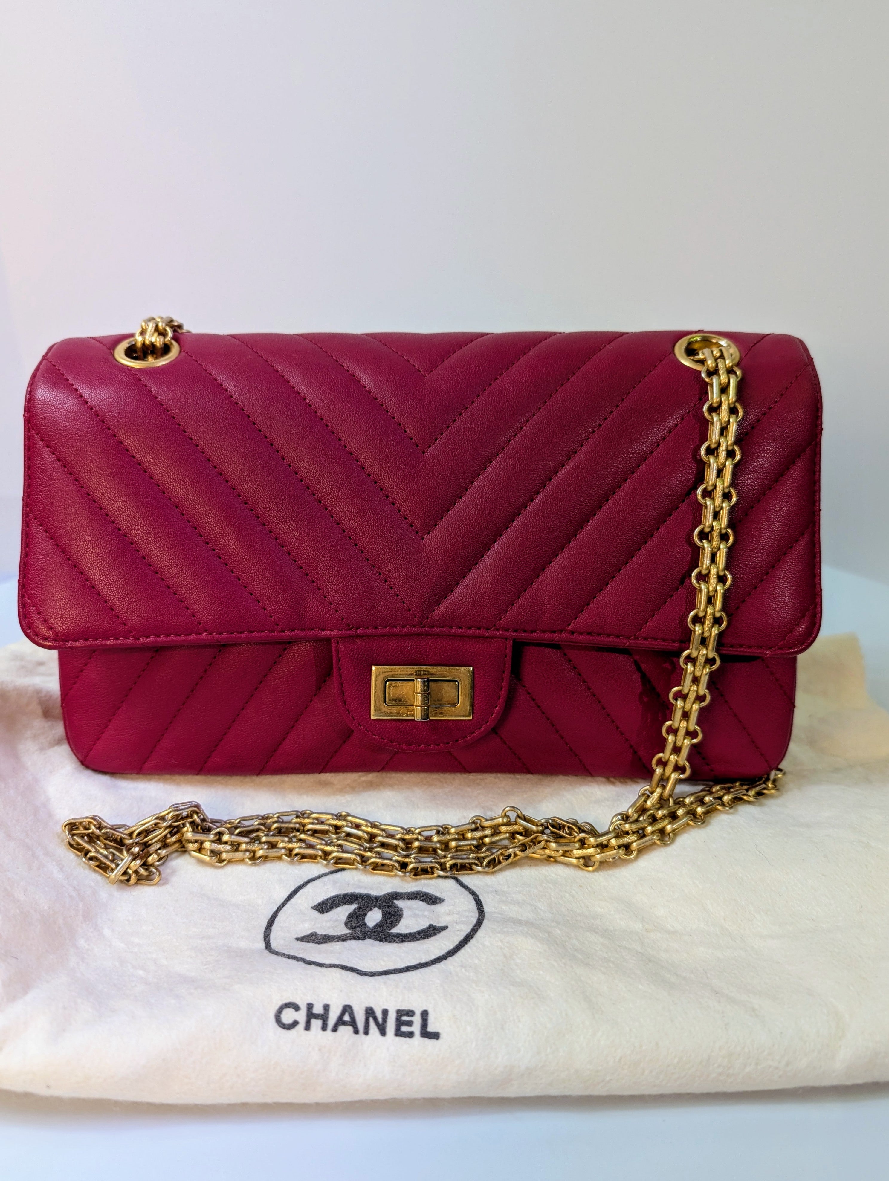 Chanel Raspberry Red Classic Chevron Blue Interior Reissue 2.55 Double Flap