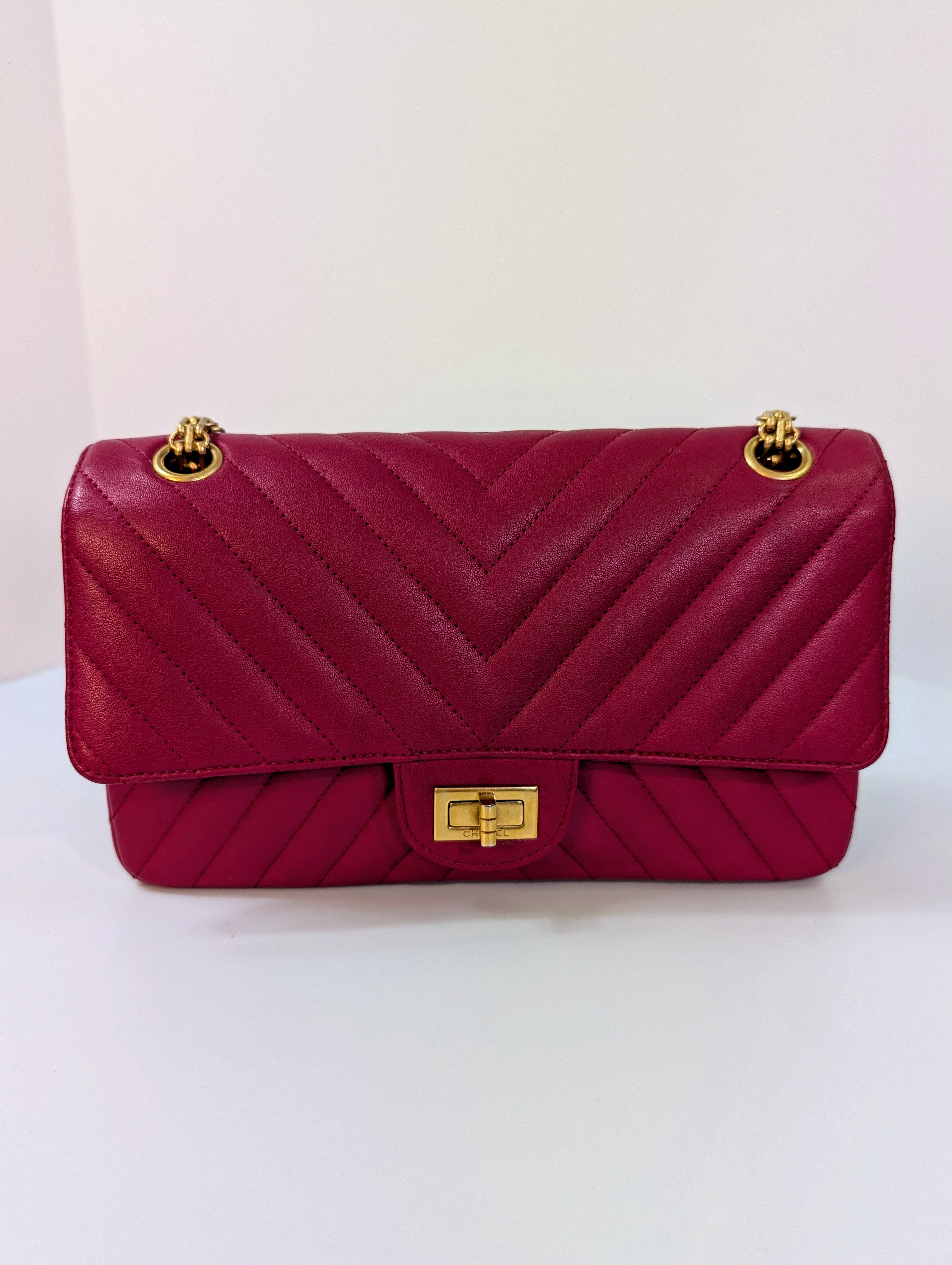 Chanel Raspberry Red Classic Chevron Blue Interior Reissue 2.55 Double Flap