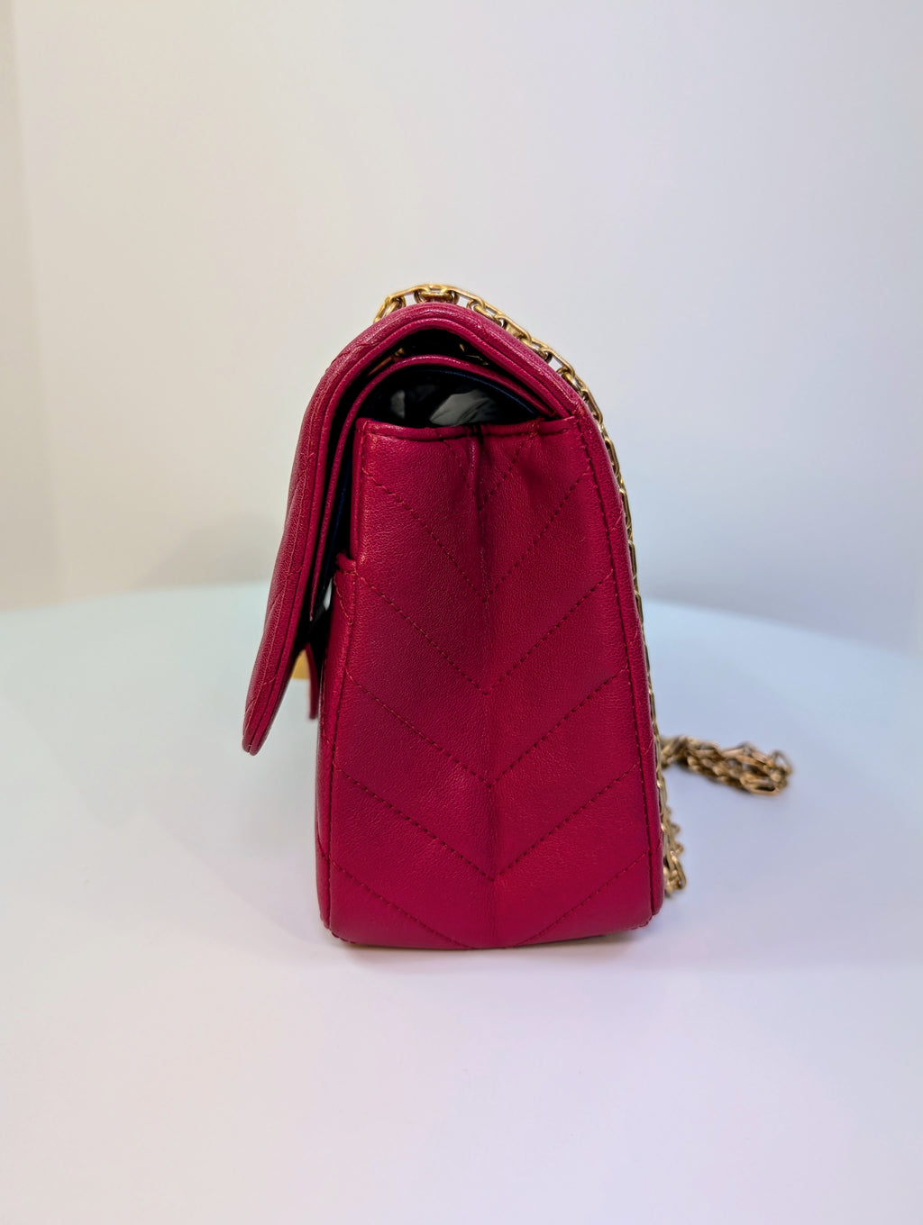 Chanel Raspberry Red Classic Chevron Blue Interior Reissue 2.55 Double Flap