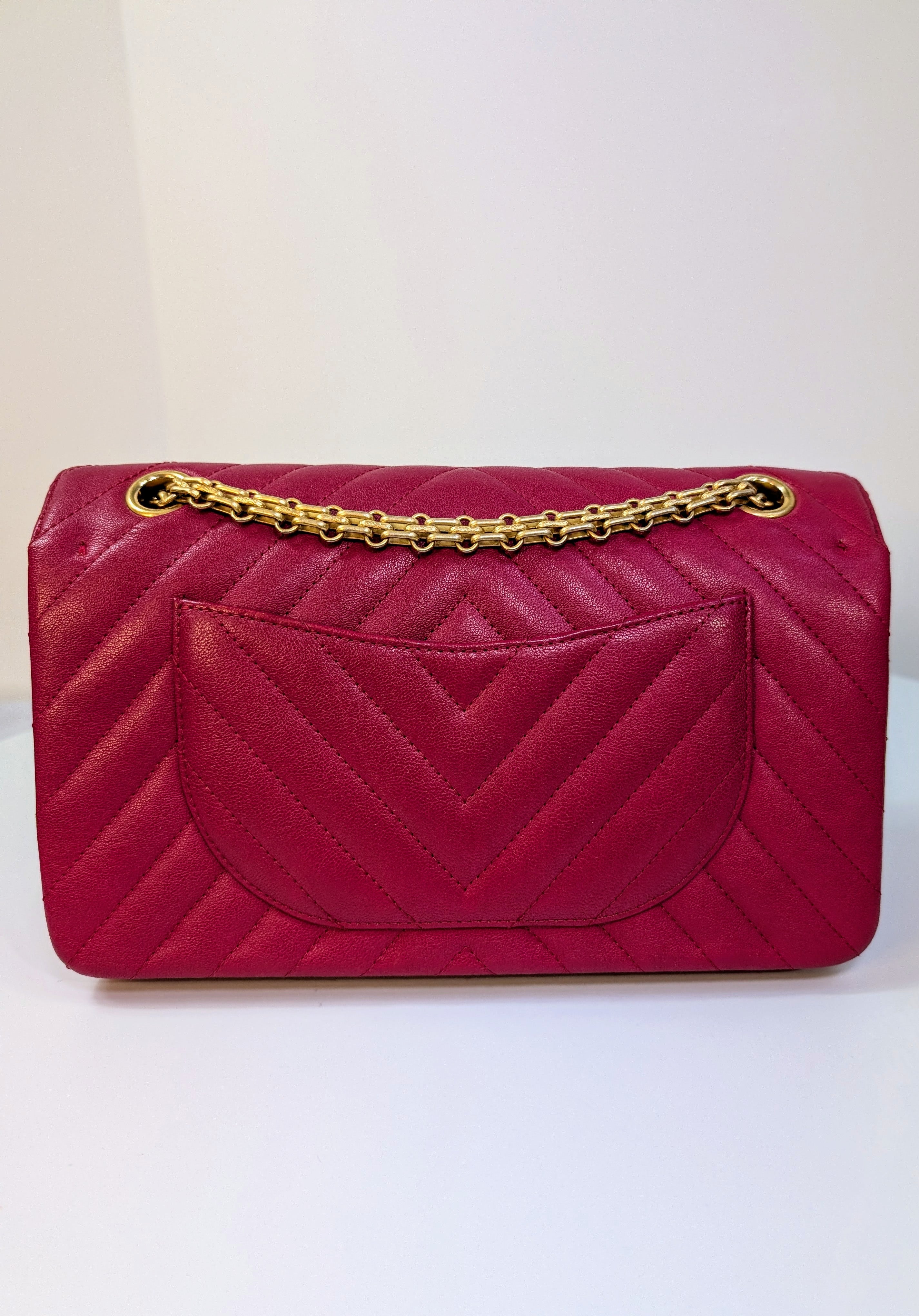 Chanel Raspberry Red Classic Chevron Blue Interior Reissue 2.55 Double Flap