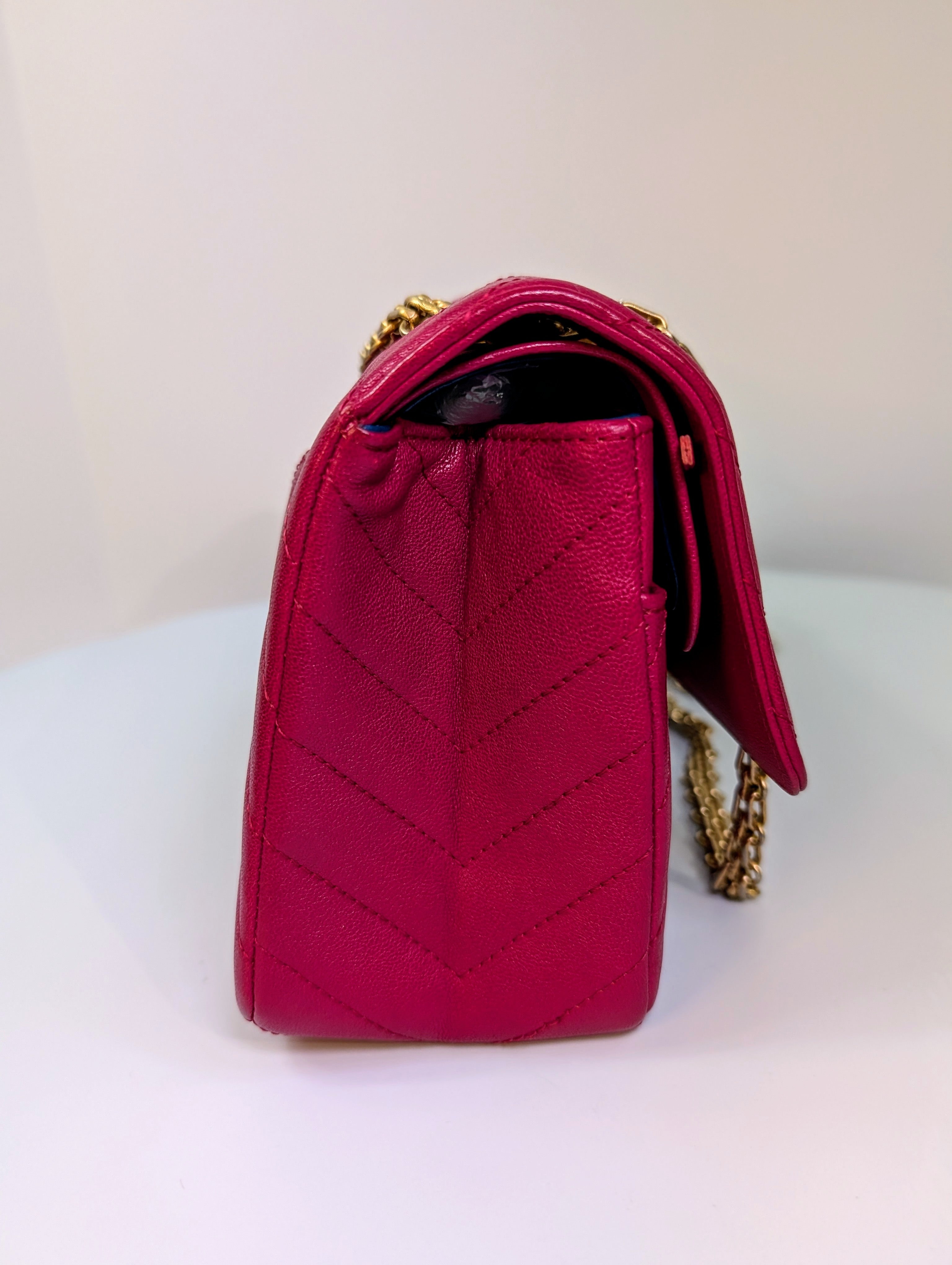 Chanel Raspberry Red Classic Chevron Blue Interior Reissue 2.55 Double Flap