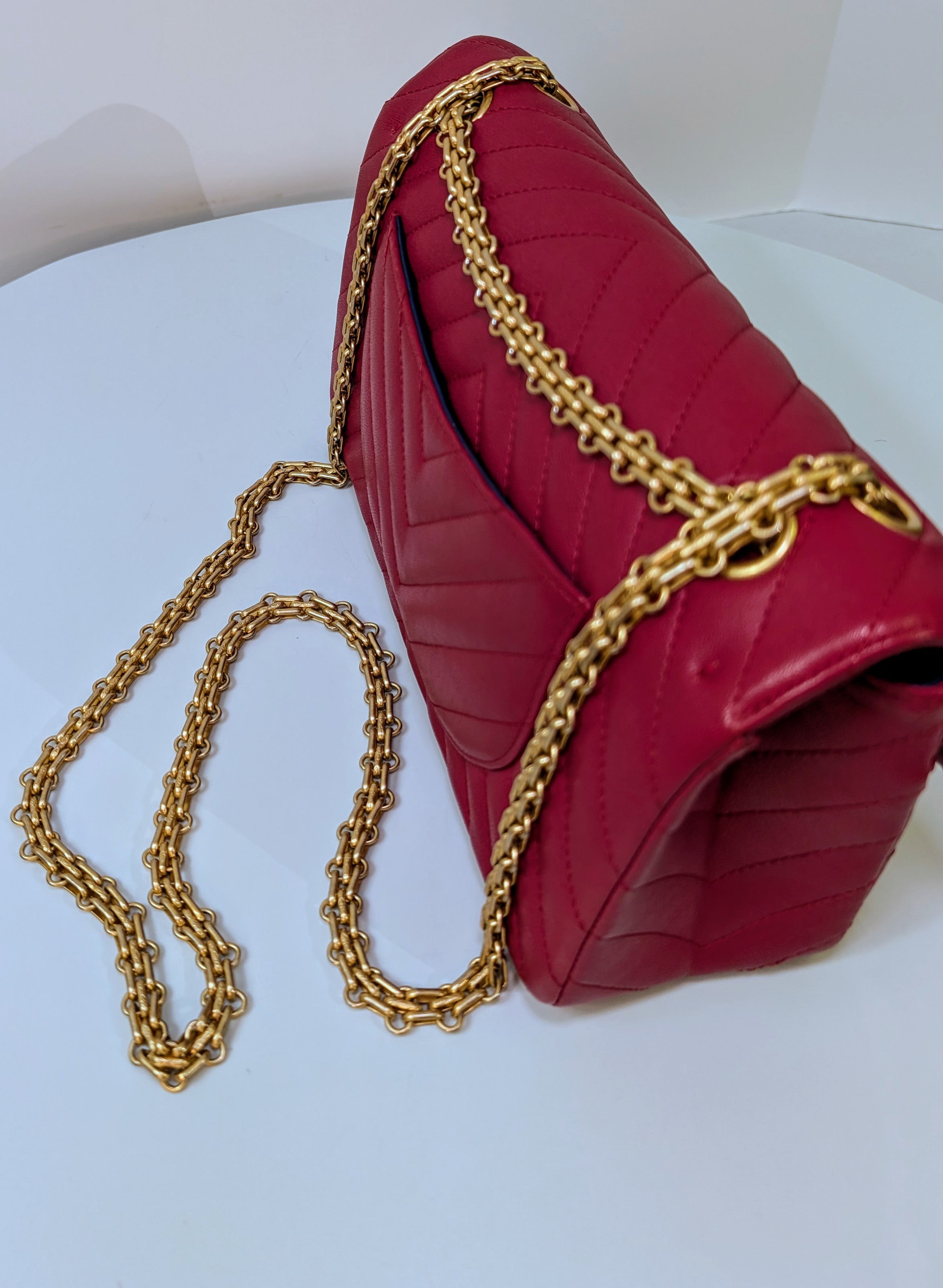 Chanel Raspberry Red Classic Chevron Blue Interior Reissue 2.55 Double Flap