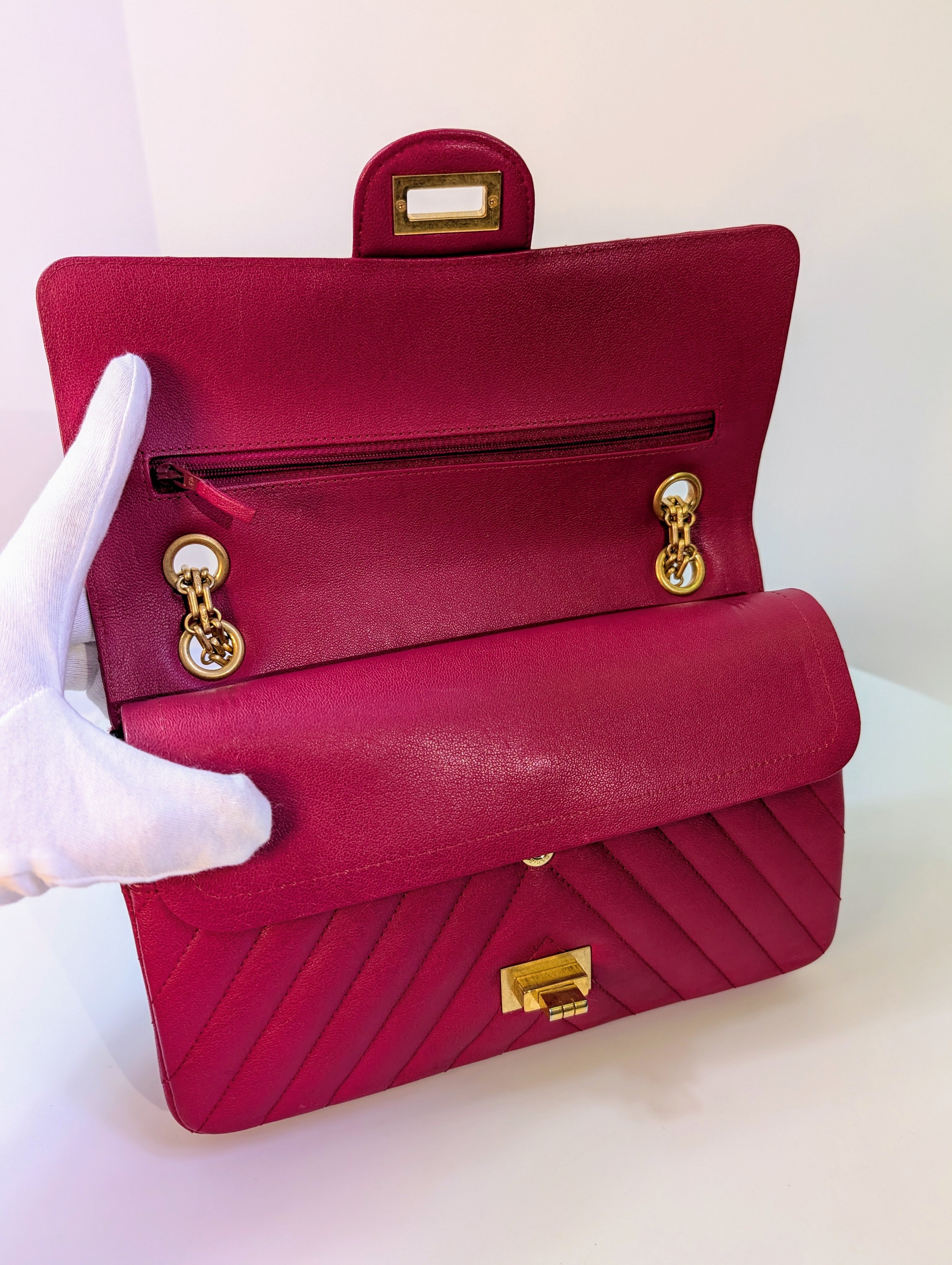 Chanel Raspberry Red Classic Chevron Blue Interior Reissue 2.55 Double Flap