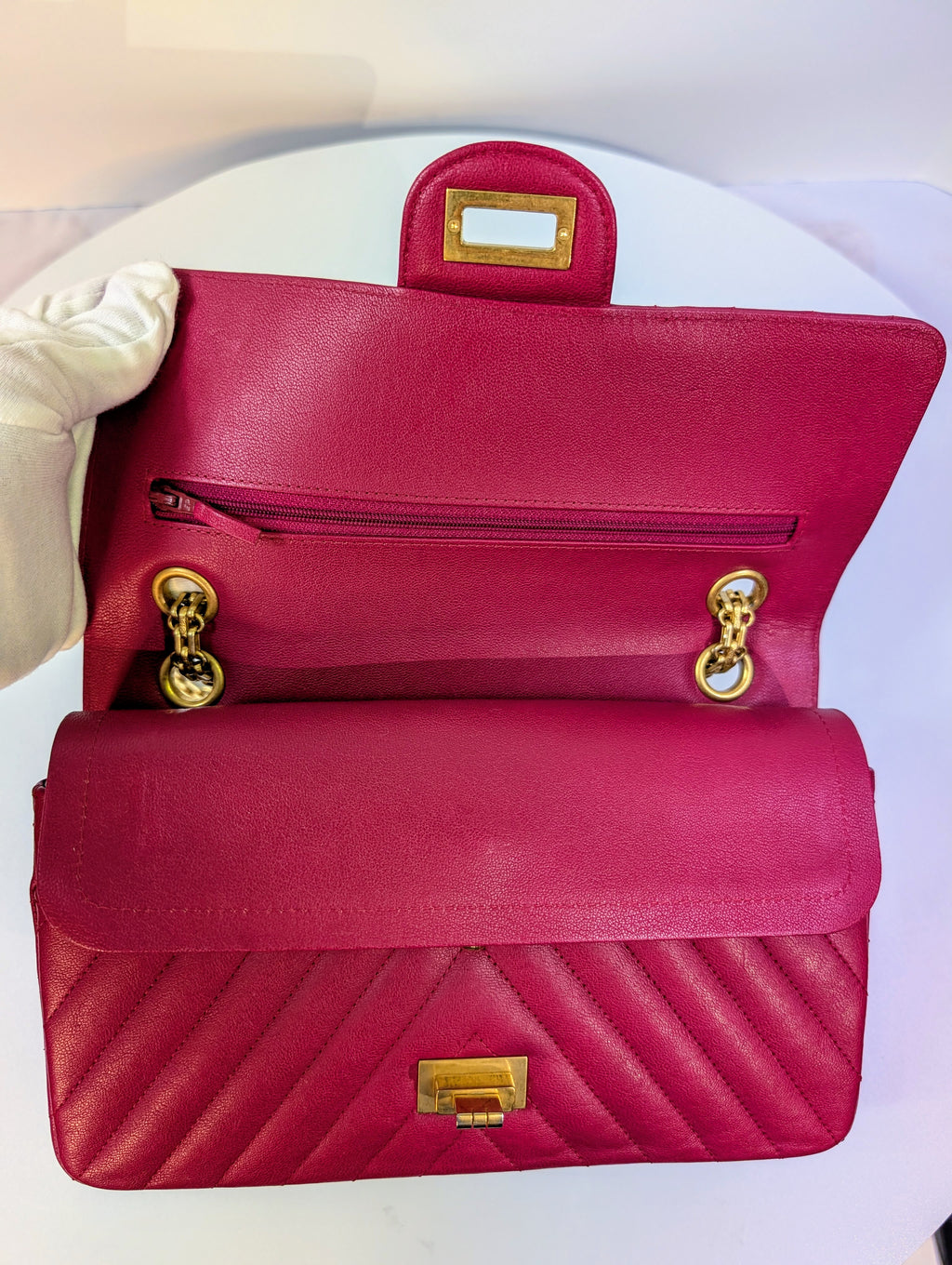 Chanel Raspberry Red Classic Chevron Blue Interior Reissue 2.55 Double Flap