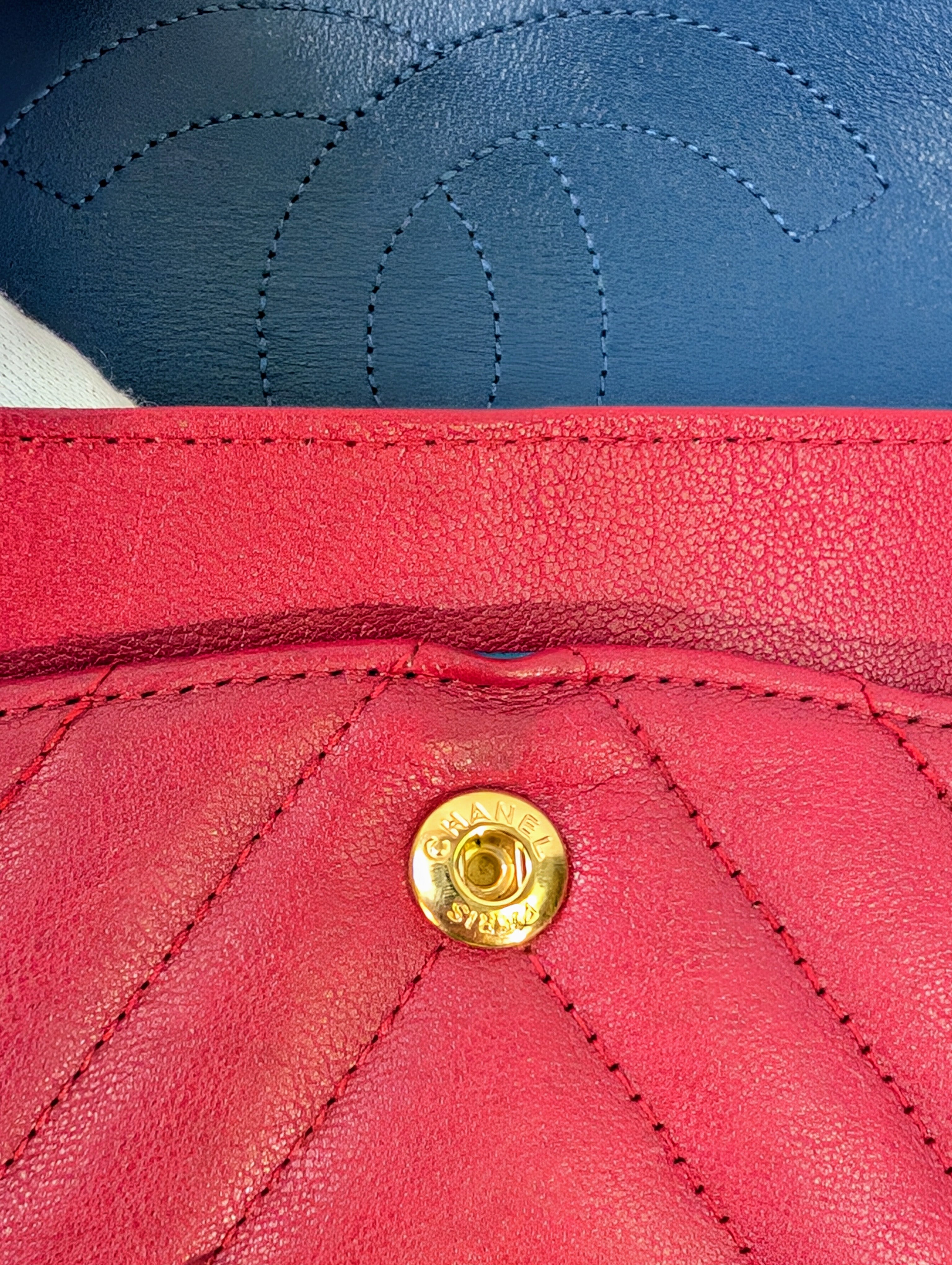 Chanel Raspberry Red Classic Chevron Blue Interior Reissue 2.55 Double Flap