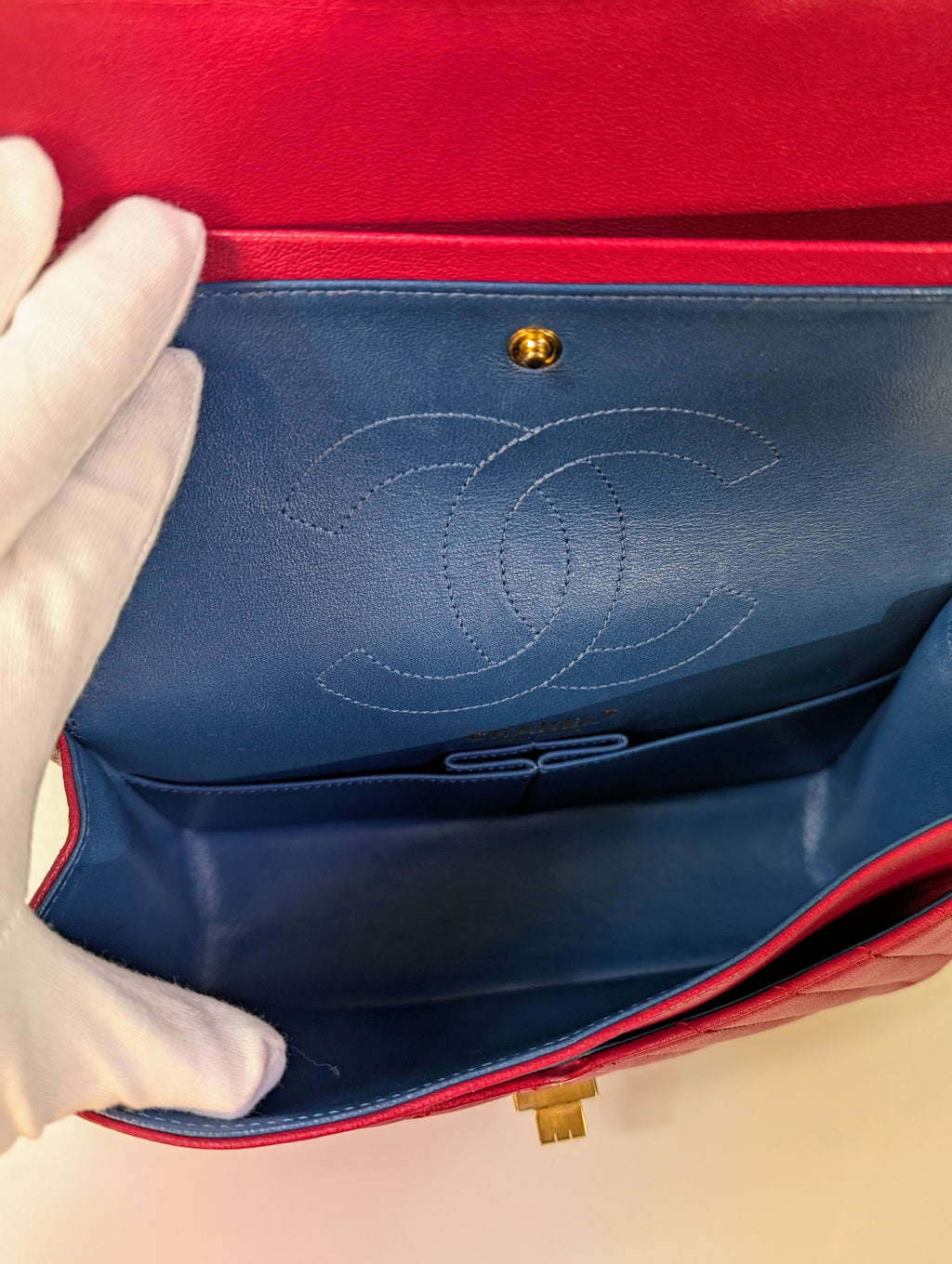 Chanel Raspberry Red Classic Chevron Blue Interior Reissue 2.55 Double Flap