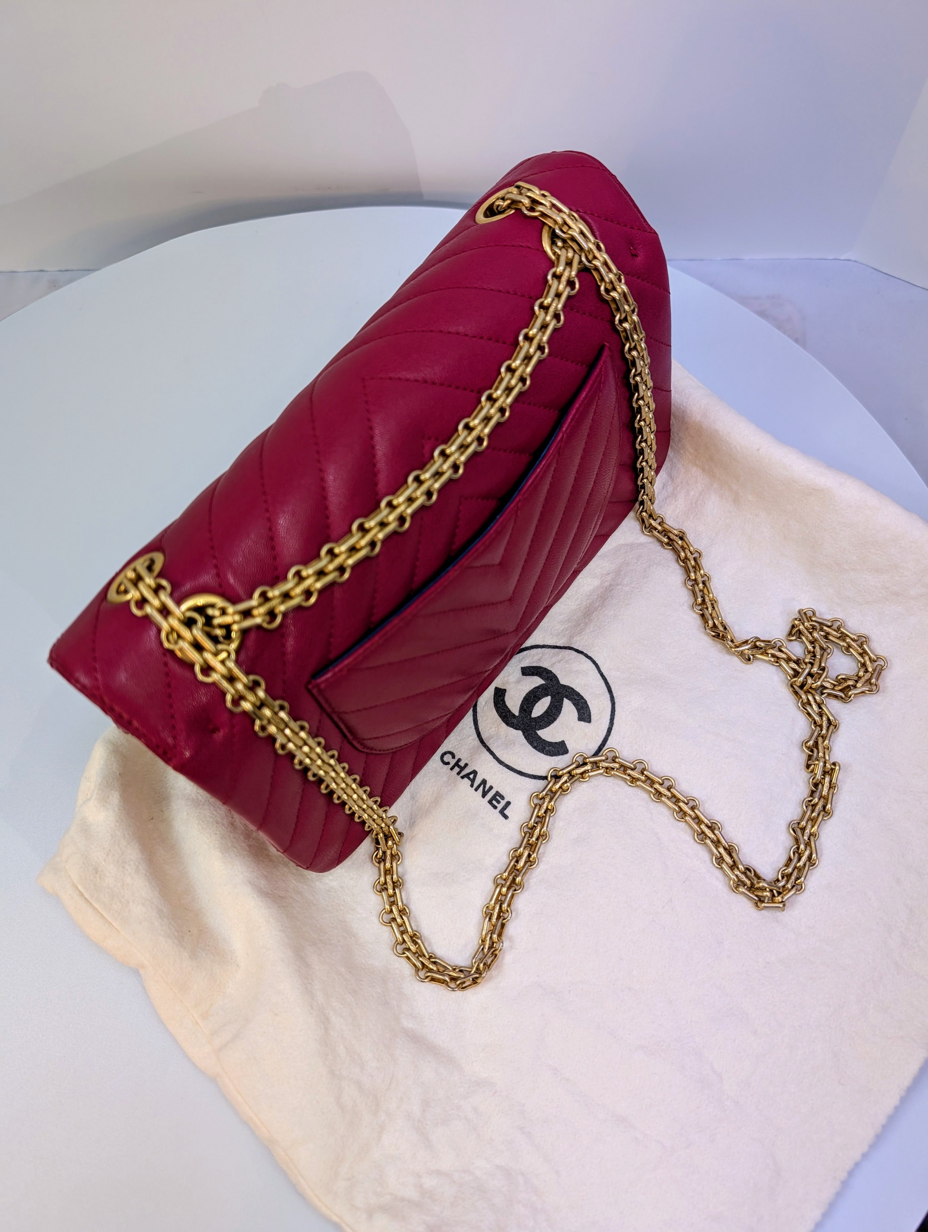 Chanel Raspberry Red Classic Chevron Blue Interior Reissue 2.55 Double Flap