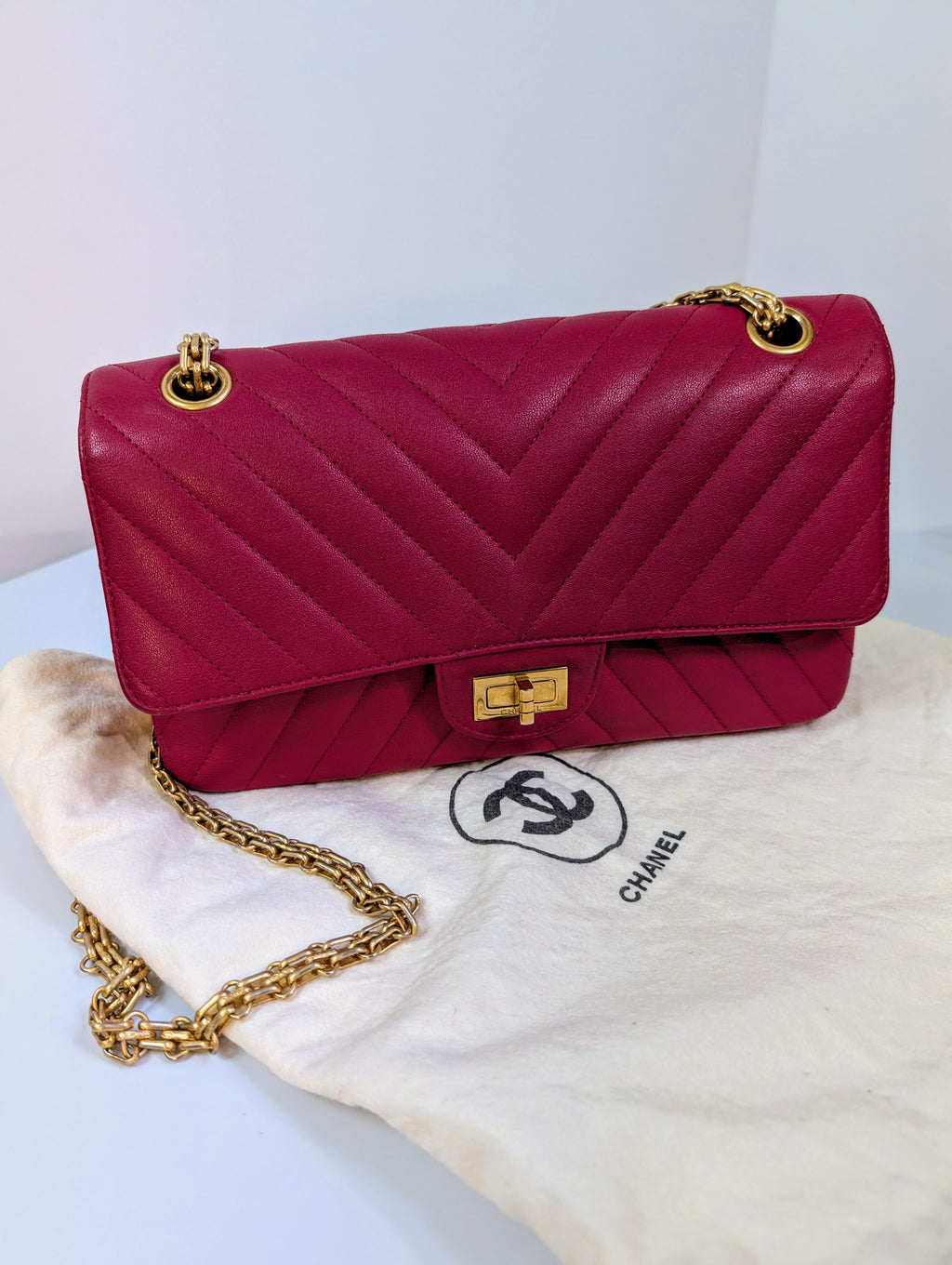 Chanel Raspberry Red Classic Chevron Blue Interior Reissue 2.55 Double Flap