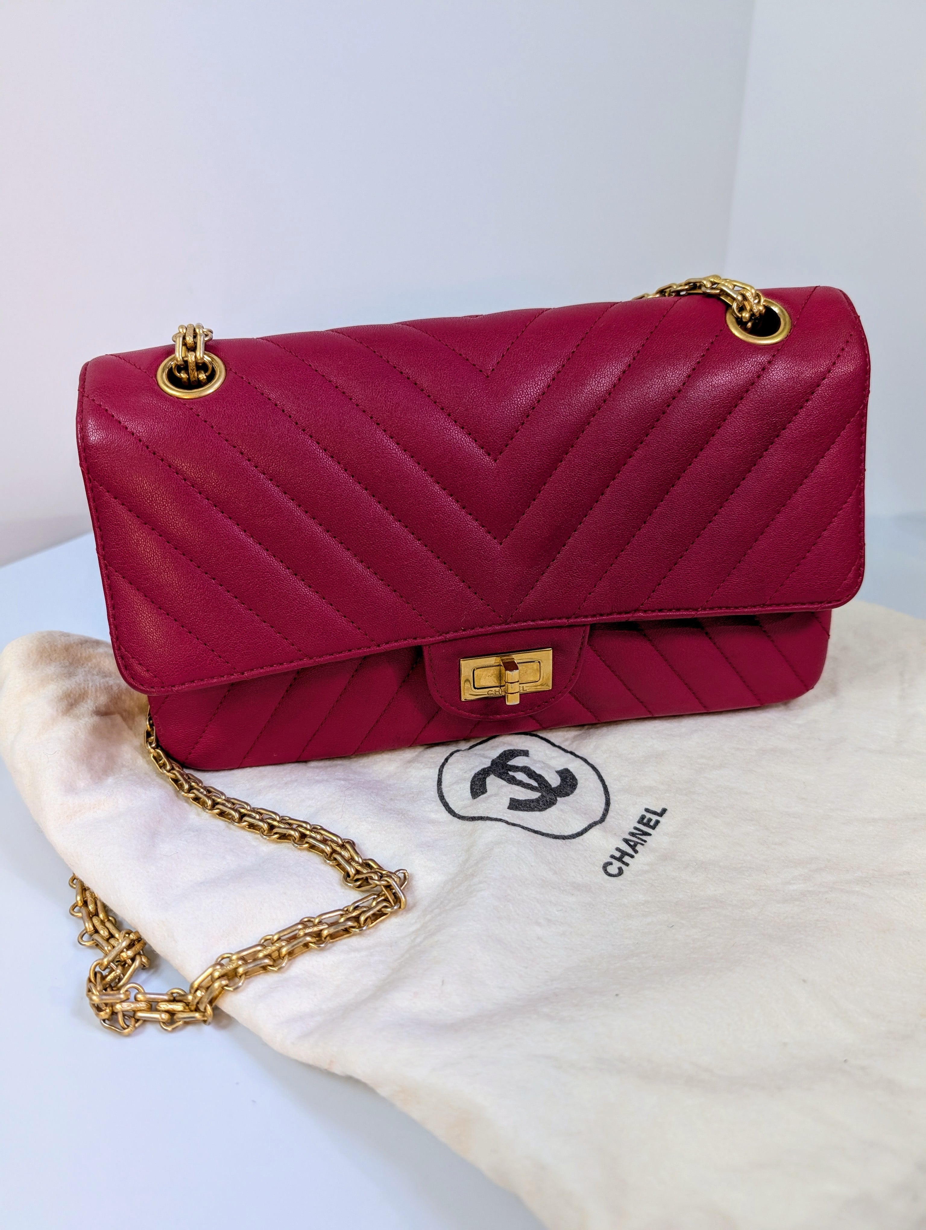 Chanel Raspberry Red Classic Chevron Blue Interior Reissue 2.55 Double Flap