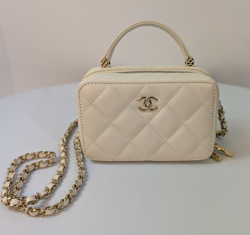 Chanel White Caviar Leather Mini Top Handle Vanity Case