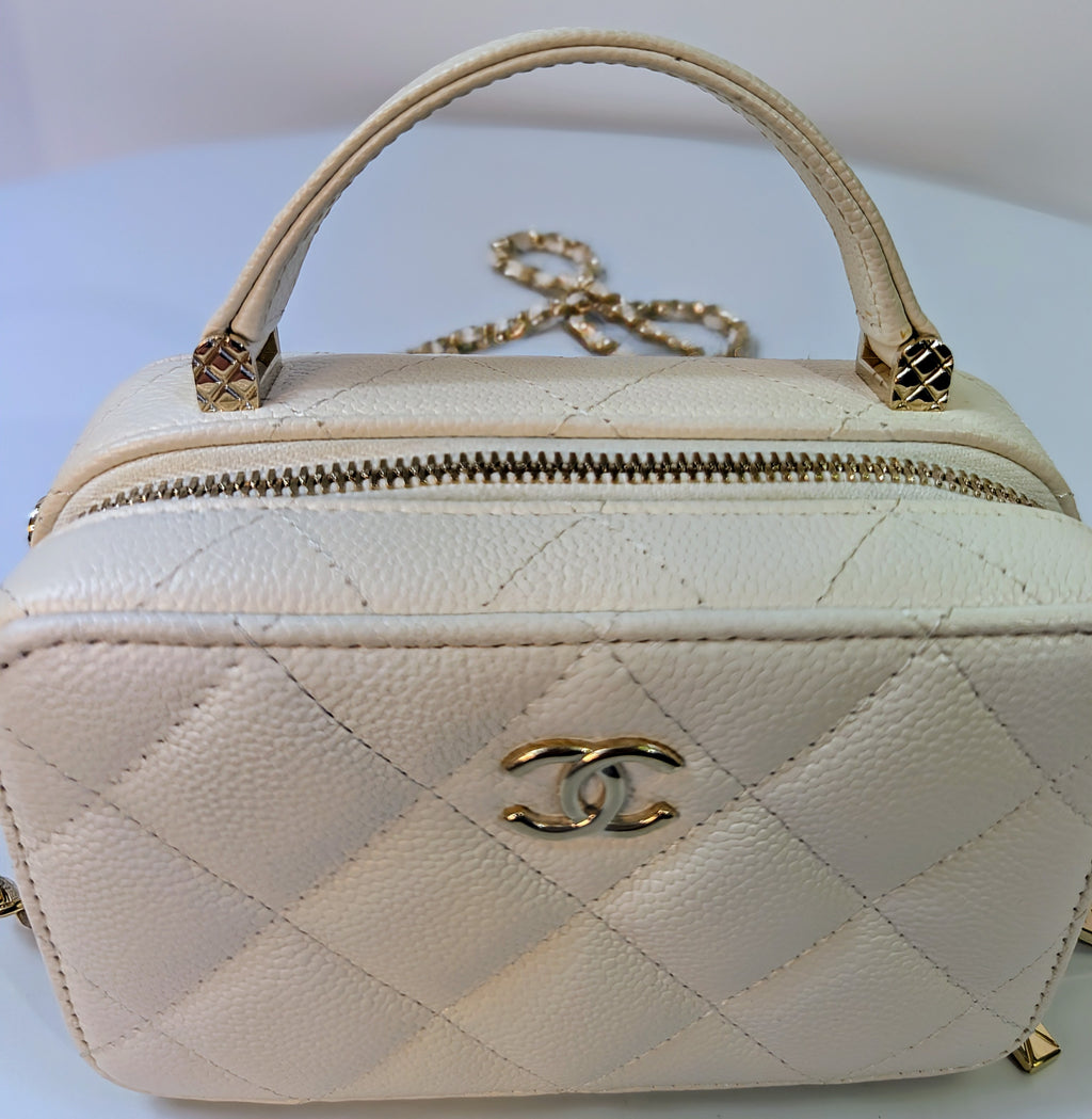 Chanel White Caviar Leather Mini Top Handle Vanity Case