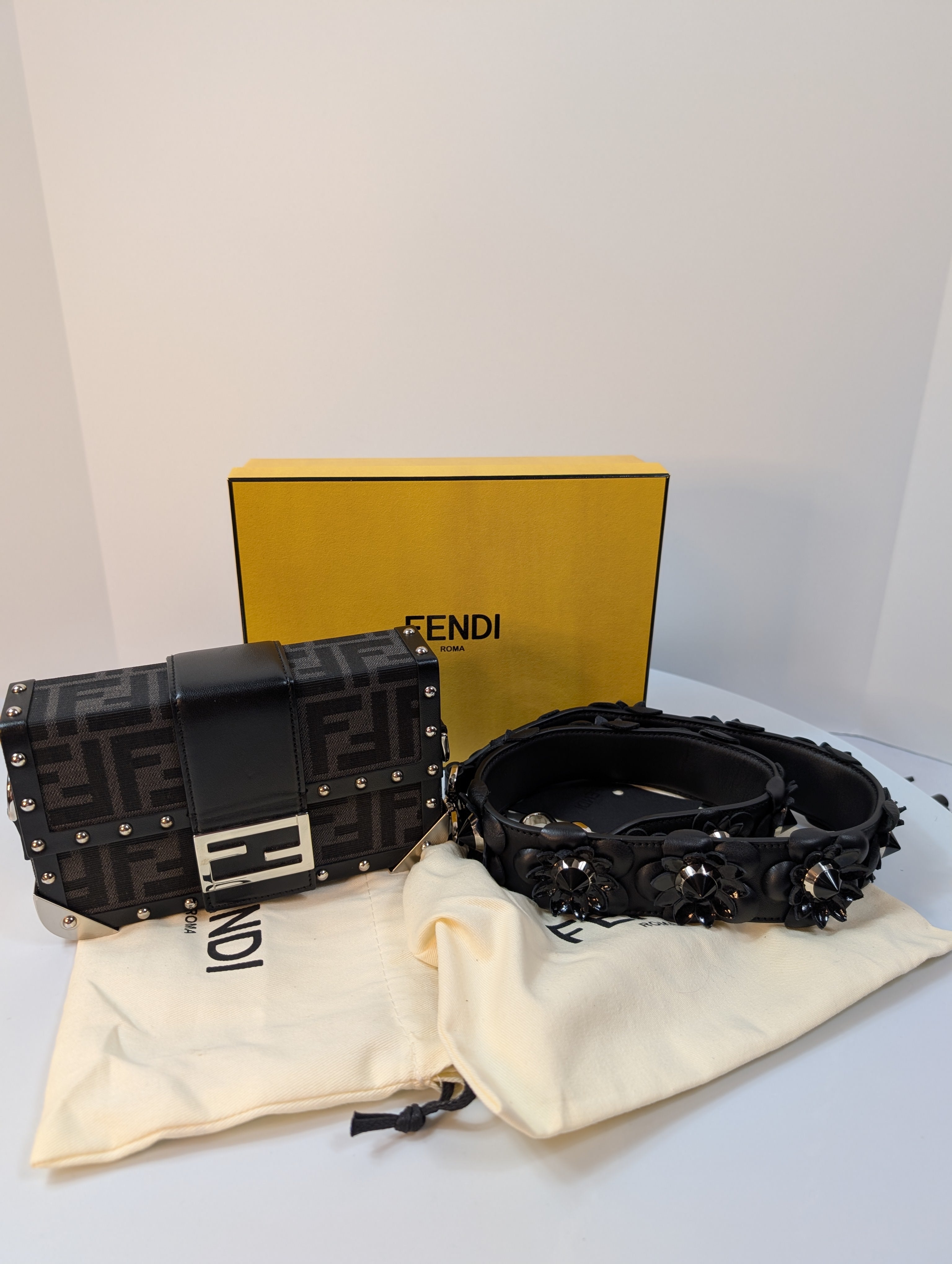 Fendi Black Baguette Trunk Mini in FF Jacquard Canvas with Rare Fendi Strap
