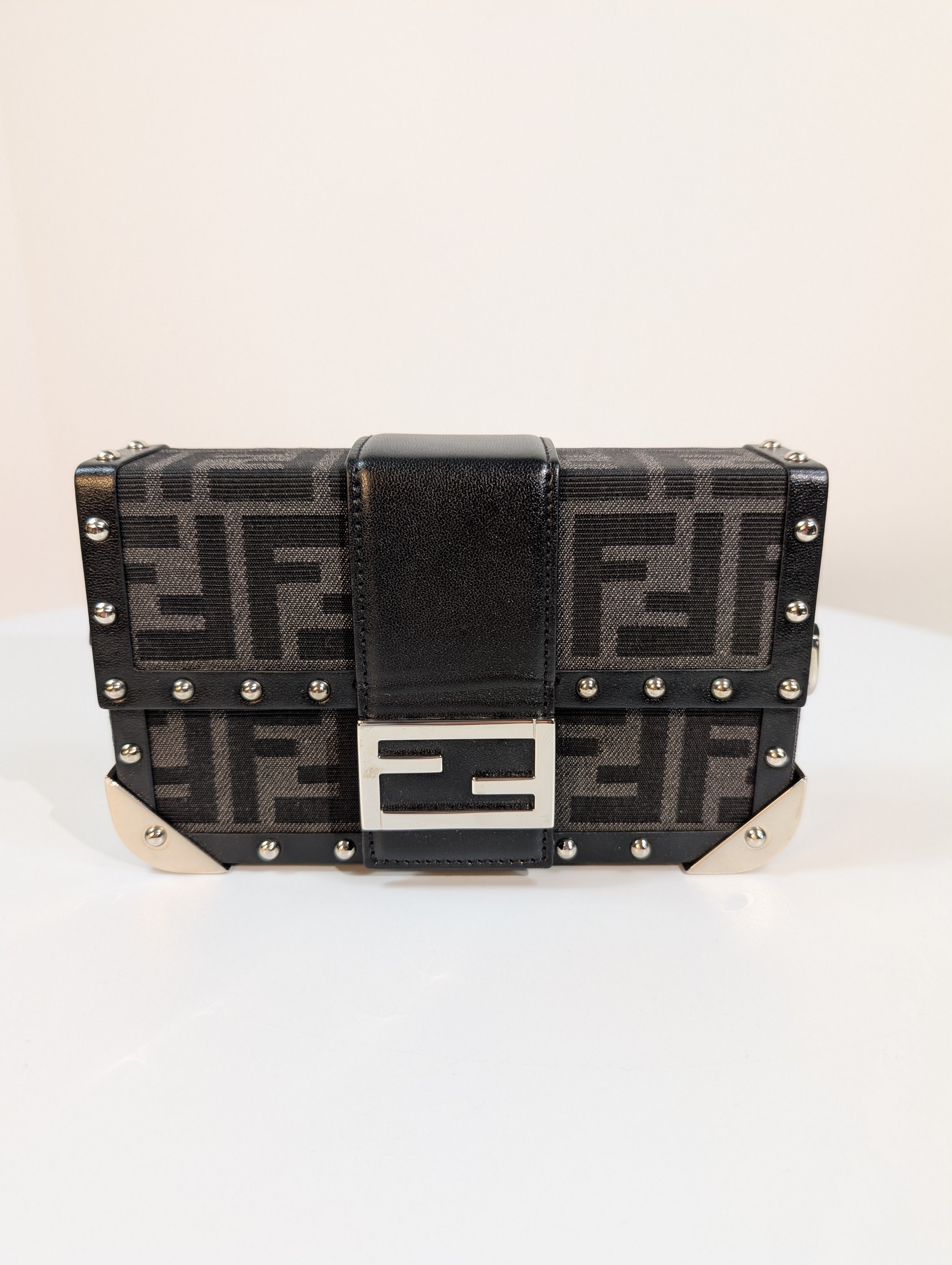 Fendi Black Baguette Trunk Mini in FF Jacquard Canvas with Rare Fendi Strap