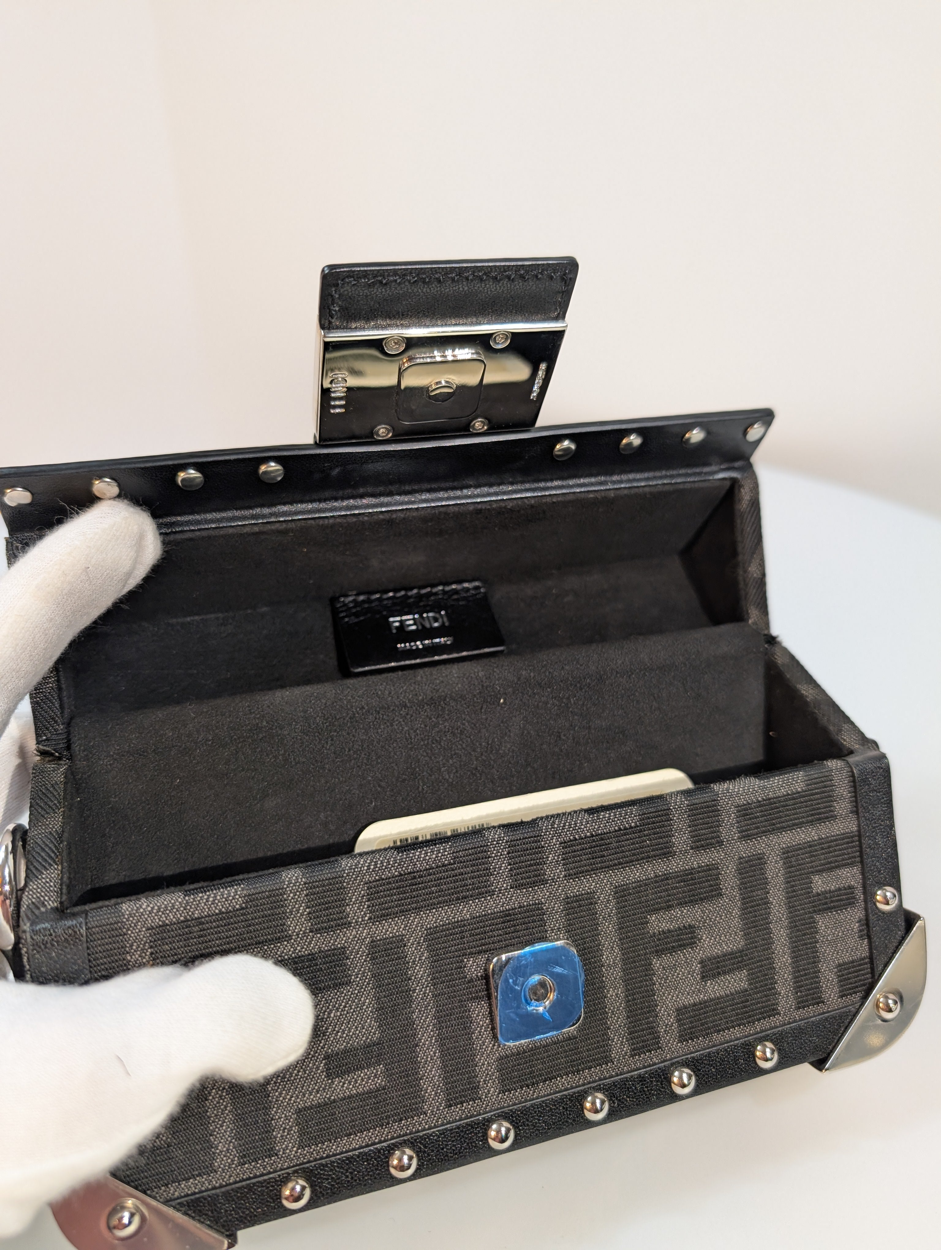 Fendi Black Baguette Trunk Mini in FF Jacquard Canvas with Rare Fendi Strap