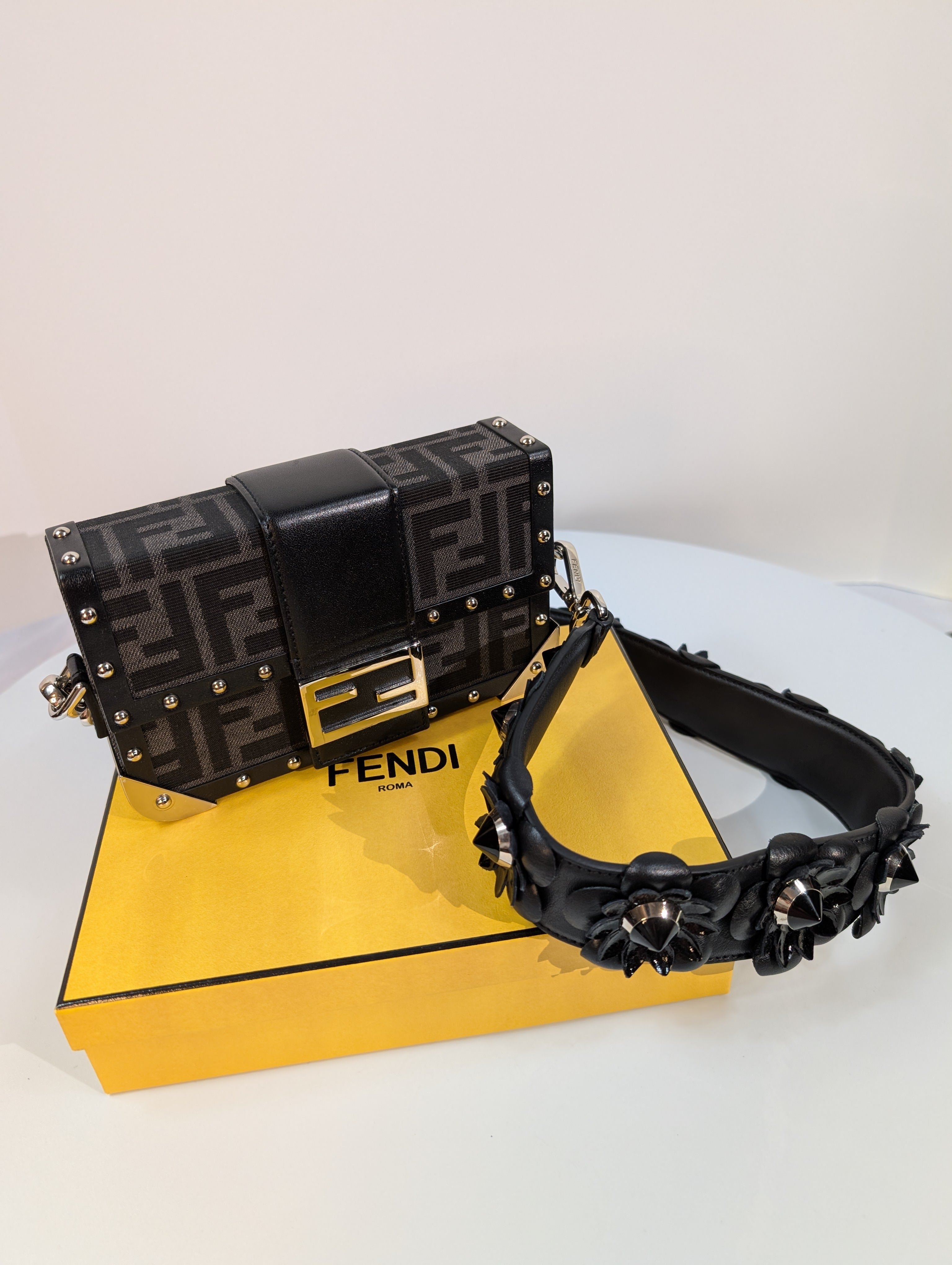 Fendi Black Baguette Trunk Mini in FF Jacquard Canvas with Rare Fendi Strap